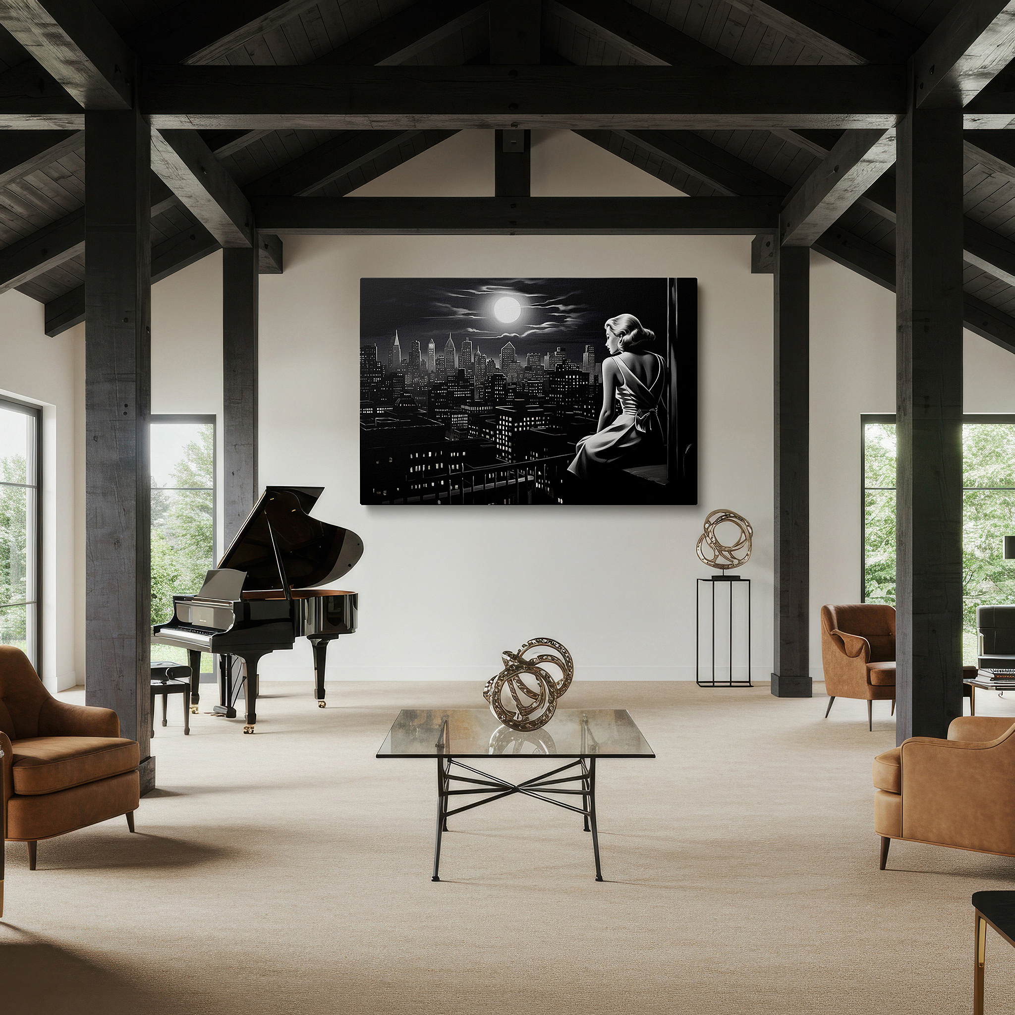 Featured in a dining room with dark wood furniture and candlelight — moonlit contemplation: reflective nostalgia and urban exploration in large wall art, canvas decor for offices and bedrooms