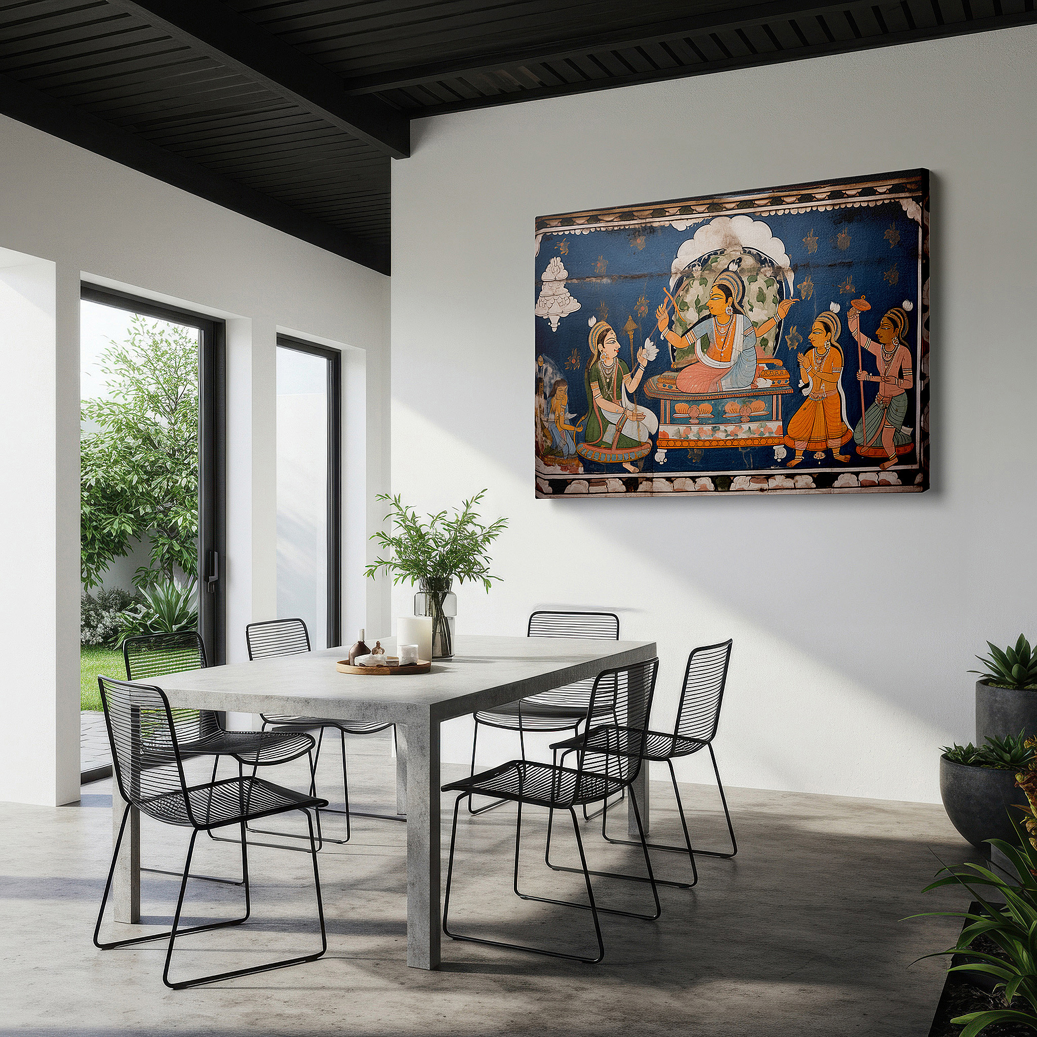 Featured in a dining room with dark wood furniture and candlelight — mythological indian tapestry depicting the divine dance of creation and destruction, large canvas wall art for office and bedroom decor