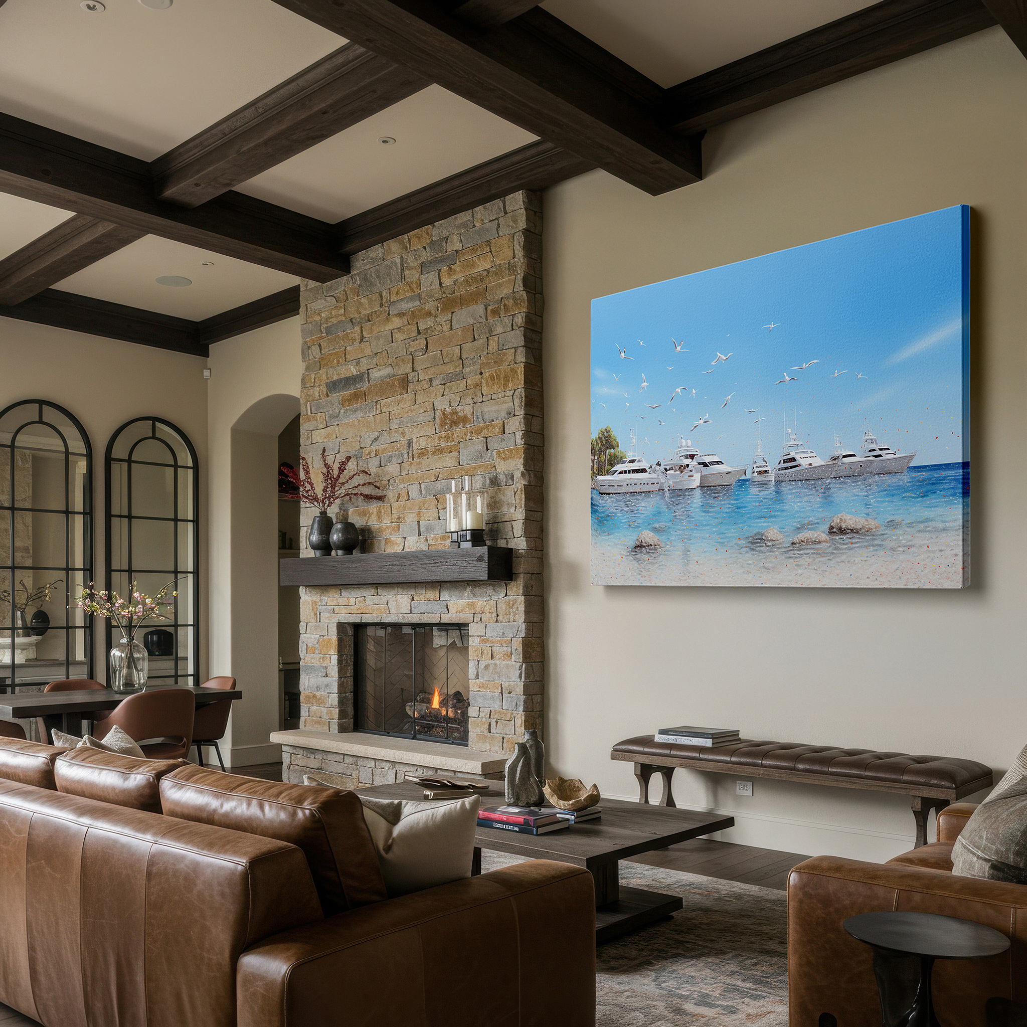 Featured in a dining room with dark wood furniture and candlelight — opulent seaside tranquility - luxury yachts in tropical paradise large wall art, canvas wall art, wall art decor, office wall art