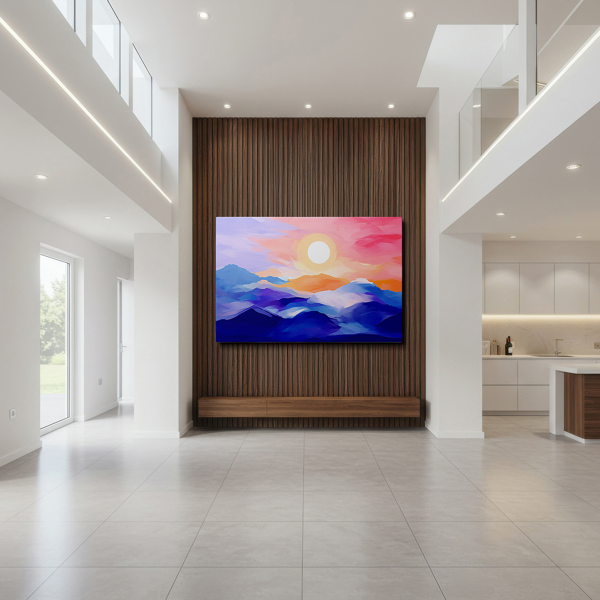 Featured in a dining room with dark wood furniture and candlelight — pastel-hued ethereal mountain sunset - tranquil abstract large wall art, canvas wall decor for office and bedroom