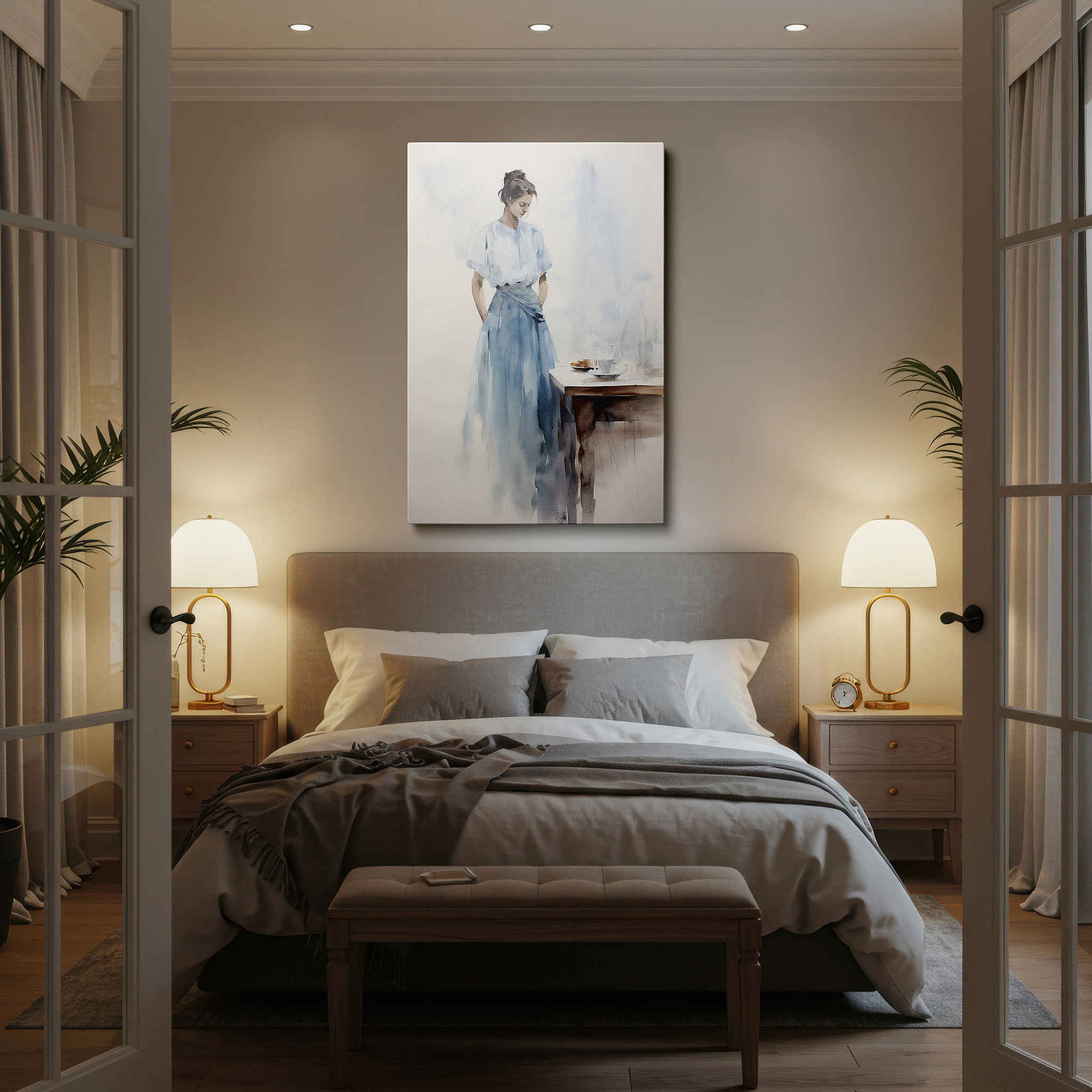 Featured in a dining room with dark wood furniture and candlelight — peaceful morning featuring pensive woman with coffee and croissant, large canvas wall art for home and office decor
