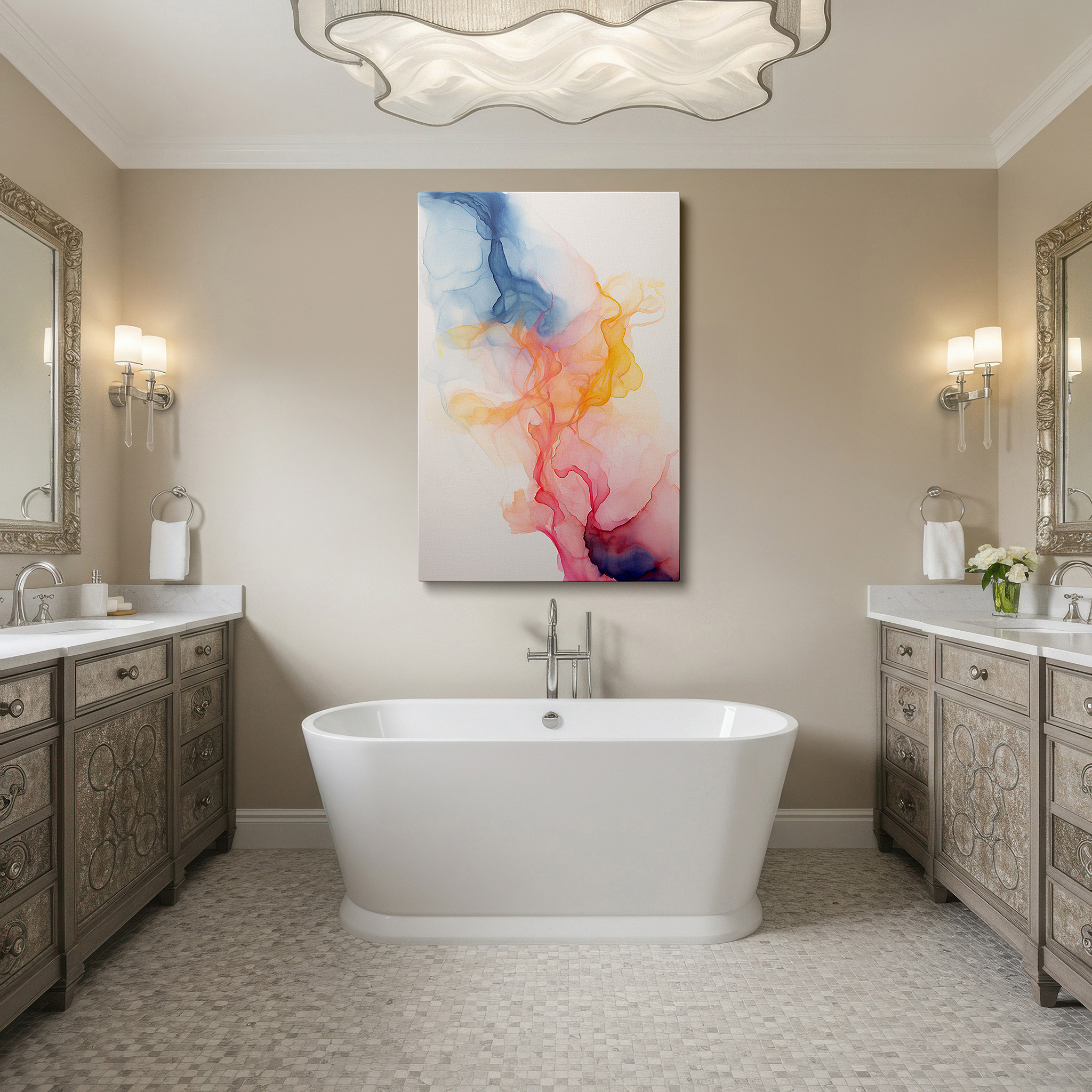 Featured in a dining room with dark wood furniture and candlelight — pink and blue dance: tranquil and serene fluid art large wall art, canvas wall decor for offices and bedrooms
