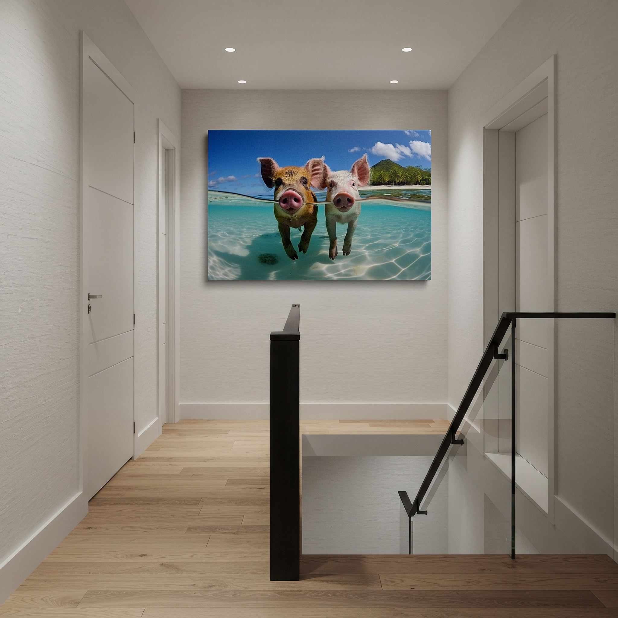 Featured in a dining room with dark wood furniture and candlelight — playful piglets frolic in tropical waters: a vivid display of joy and whimsy - large wall art, canvas wall art, wall decor for office and bedroom