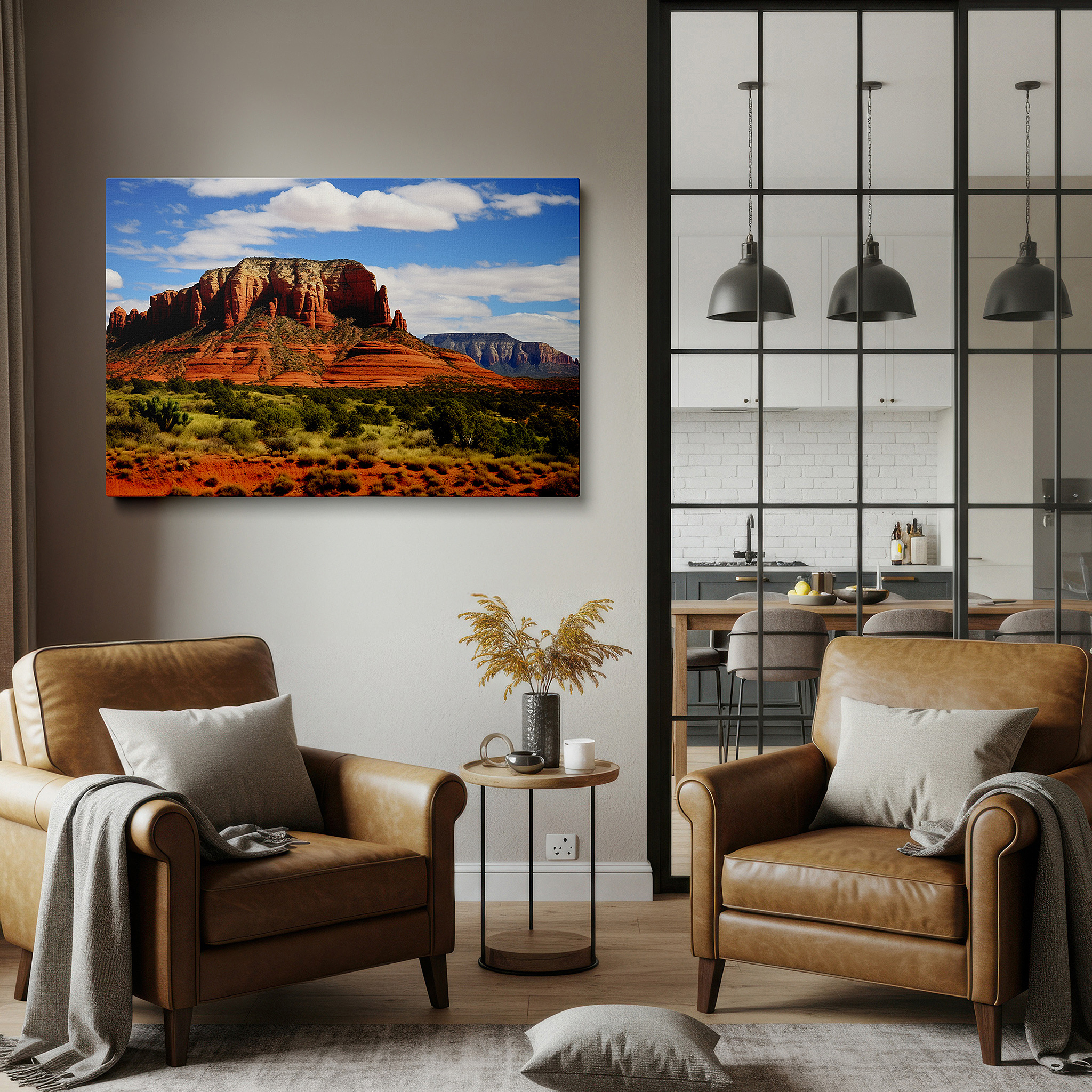 Featured in a dining room with dark wood furniture and candlelight — red rocks rising majestically against a bright blue sky: a celebration of nature's beauty - large canvas wall art for home and office decor
