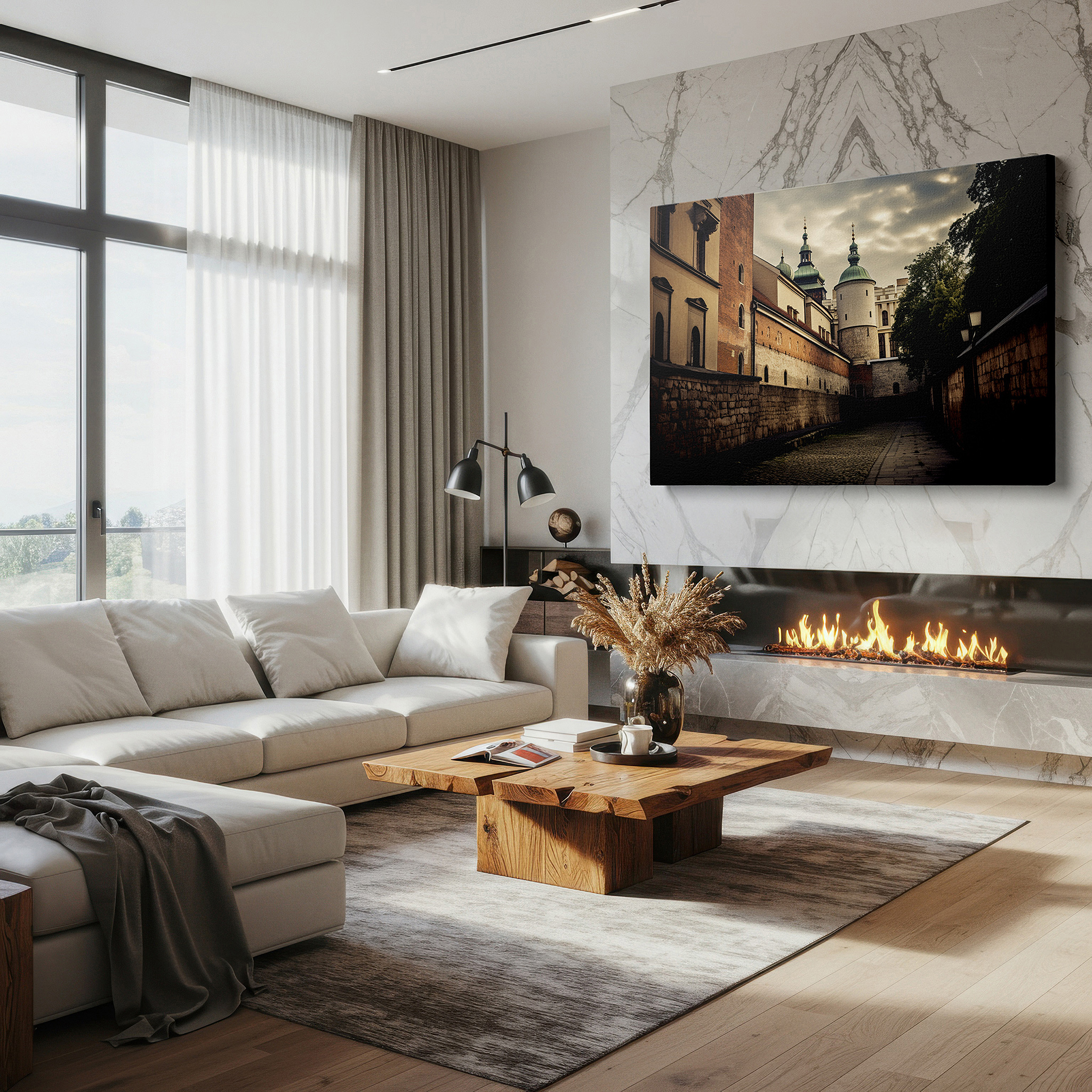 Featured in a dining room with dark wood furniture and candlelight — renaissance-inspired cobblestone street canvas print featuring ornate architecture in earthy tones, ideal for office or bedroom wall decor