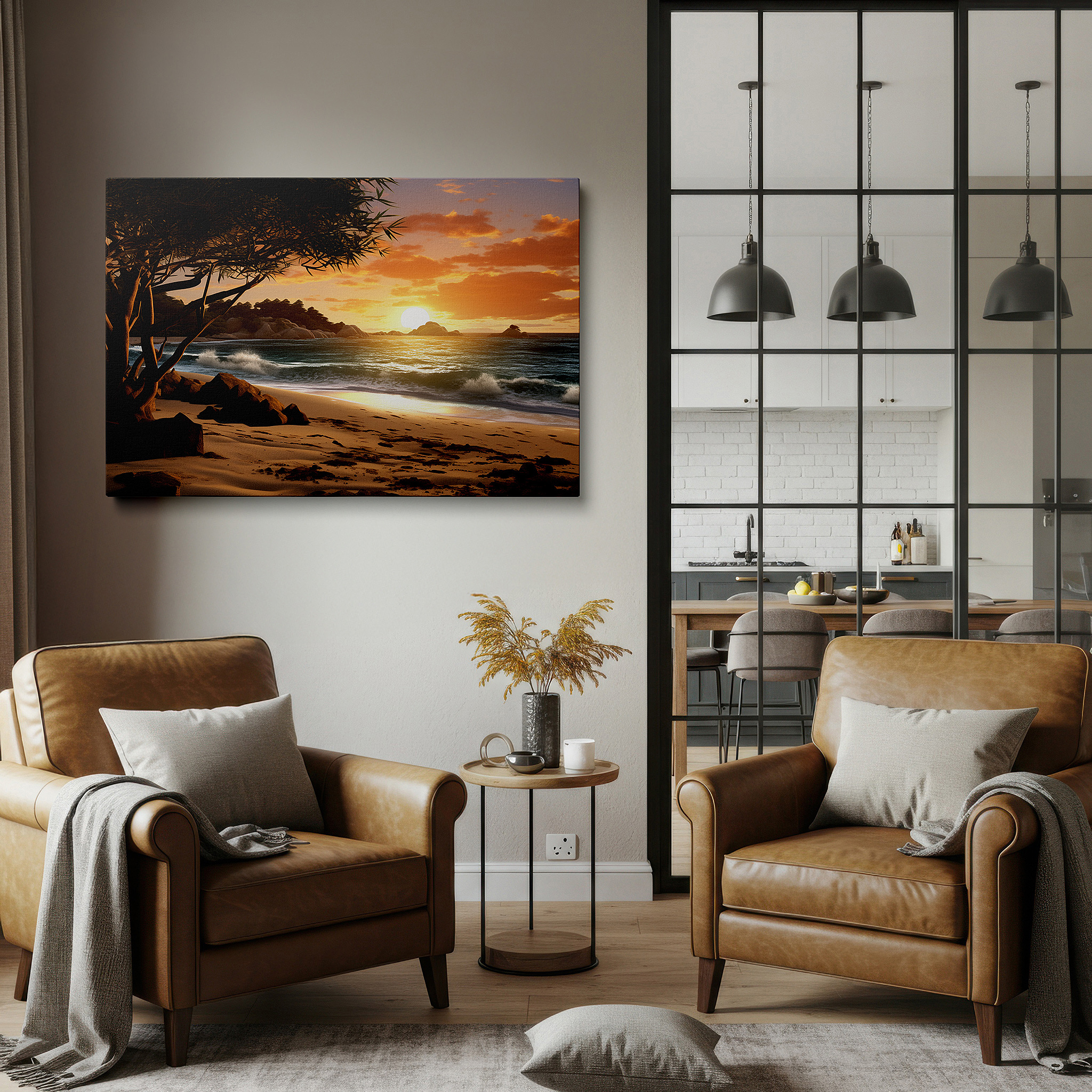 Featured in a dining room with dark wood furniture and candlelight — serene beach sunset with verdant foliage and soft waves - oversized wall art for office, bedroom, and living room decor