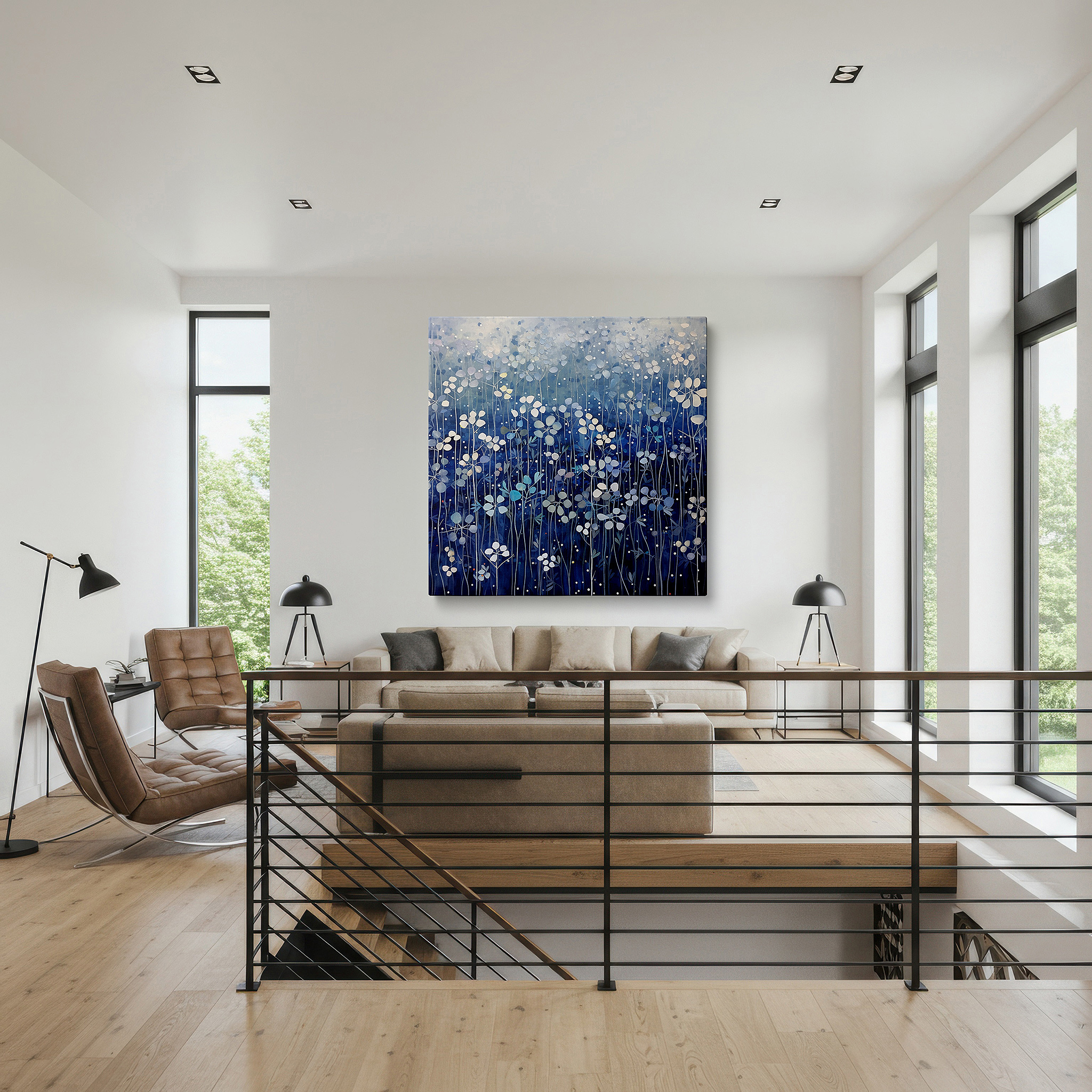 Featured in a dining room with dark wood furniture and candlelight — serene blue and white floral wall art for tranquil spaces - large canvas decor for office, bedroom, and living room