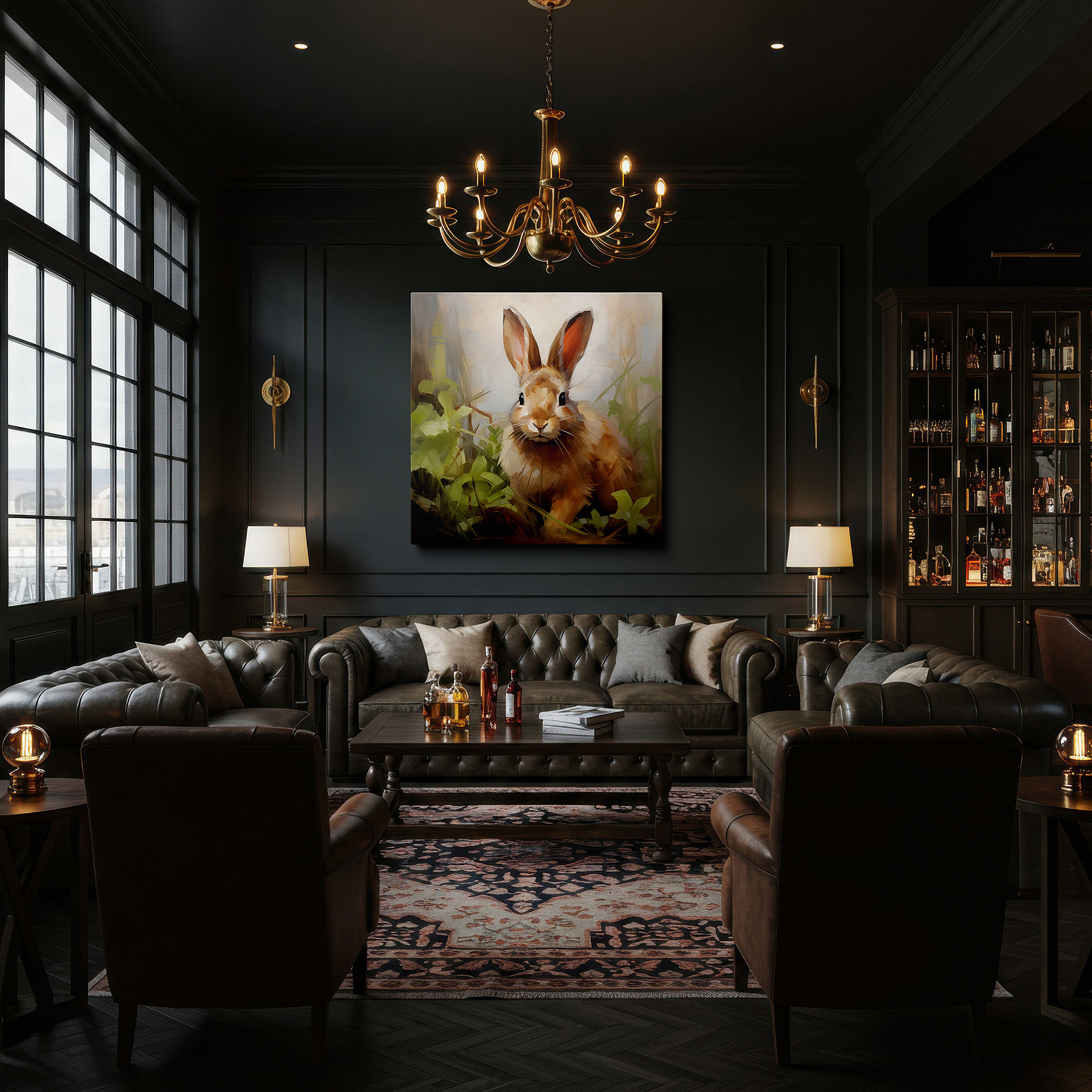 Featured in a dining room with dark wood furniture and candlelight — serene brown rabbit amidst lush greenery: tranquil wildlife large wall art, canvas decor for office and bedroom