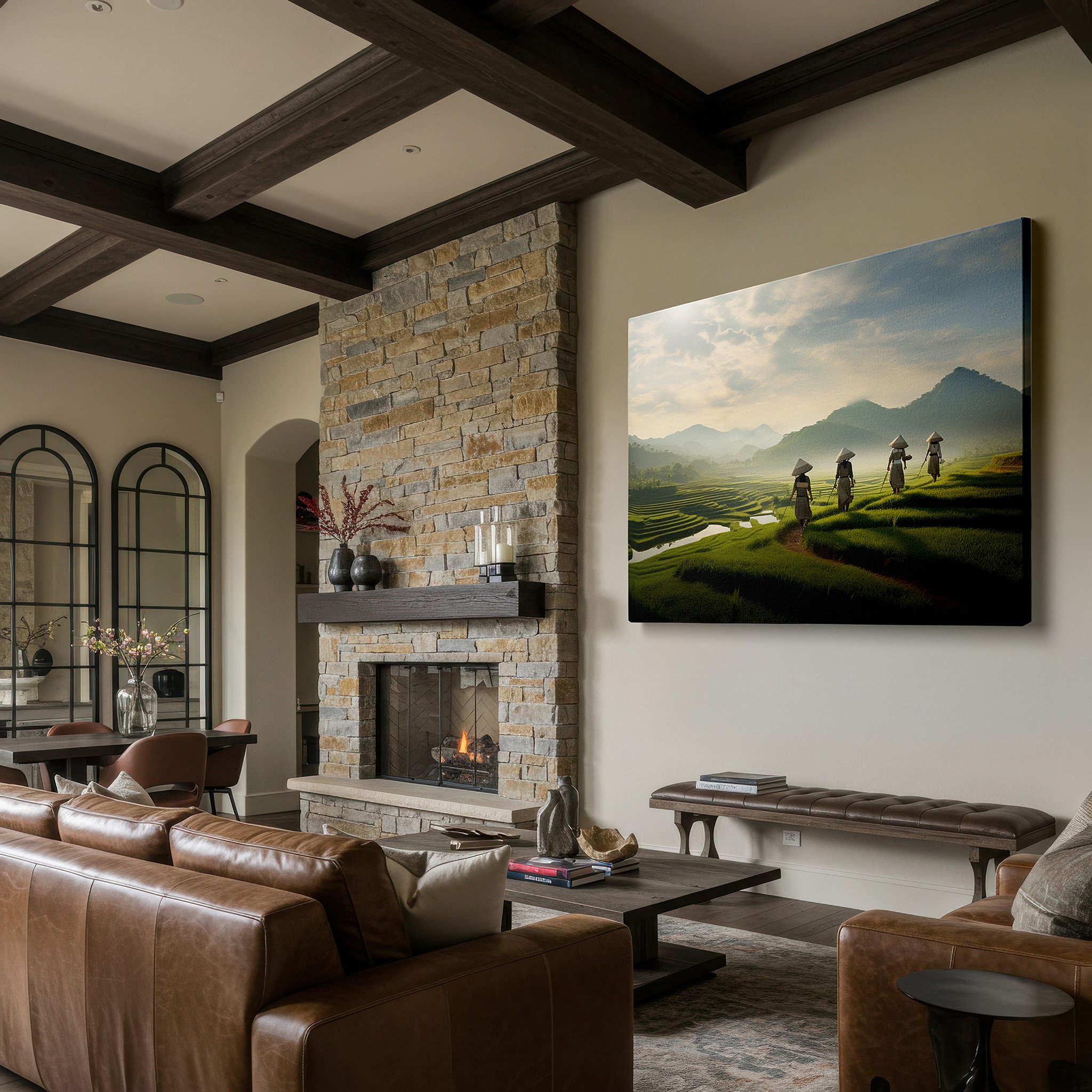 Featured in a dining room with dark wood furniture and candlelight — serene depiction of countryside living and connection with nature in verdant rice terraces wall art, suitable for office and bedroom decor