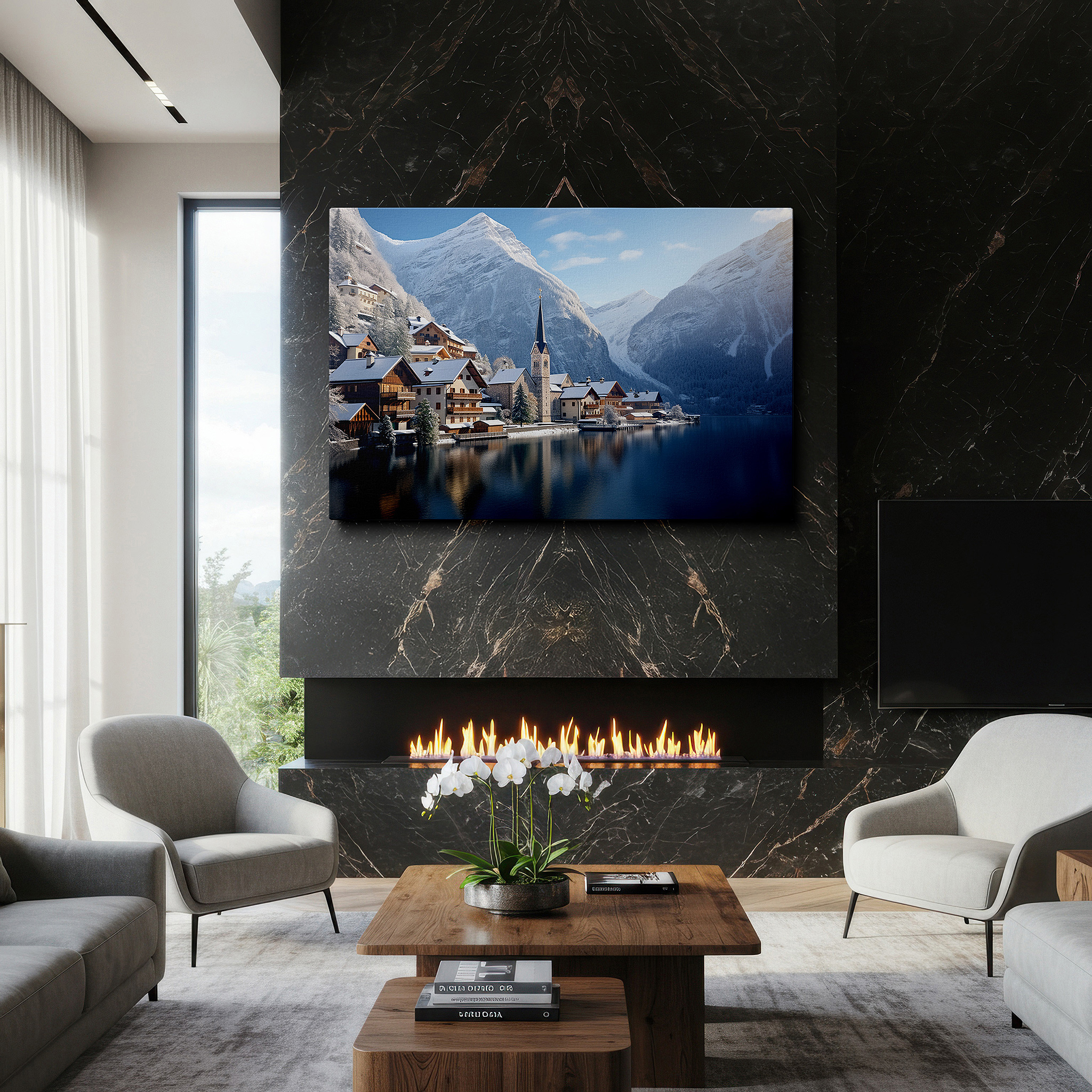 Featured in a dining room with dark wood furniture and candlelight — serene european village enveloped in winter, tranquil snowy retreat large wall art, canvas wall art, wall decor for office and bedroom