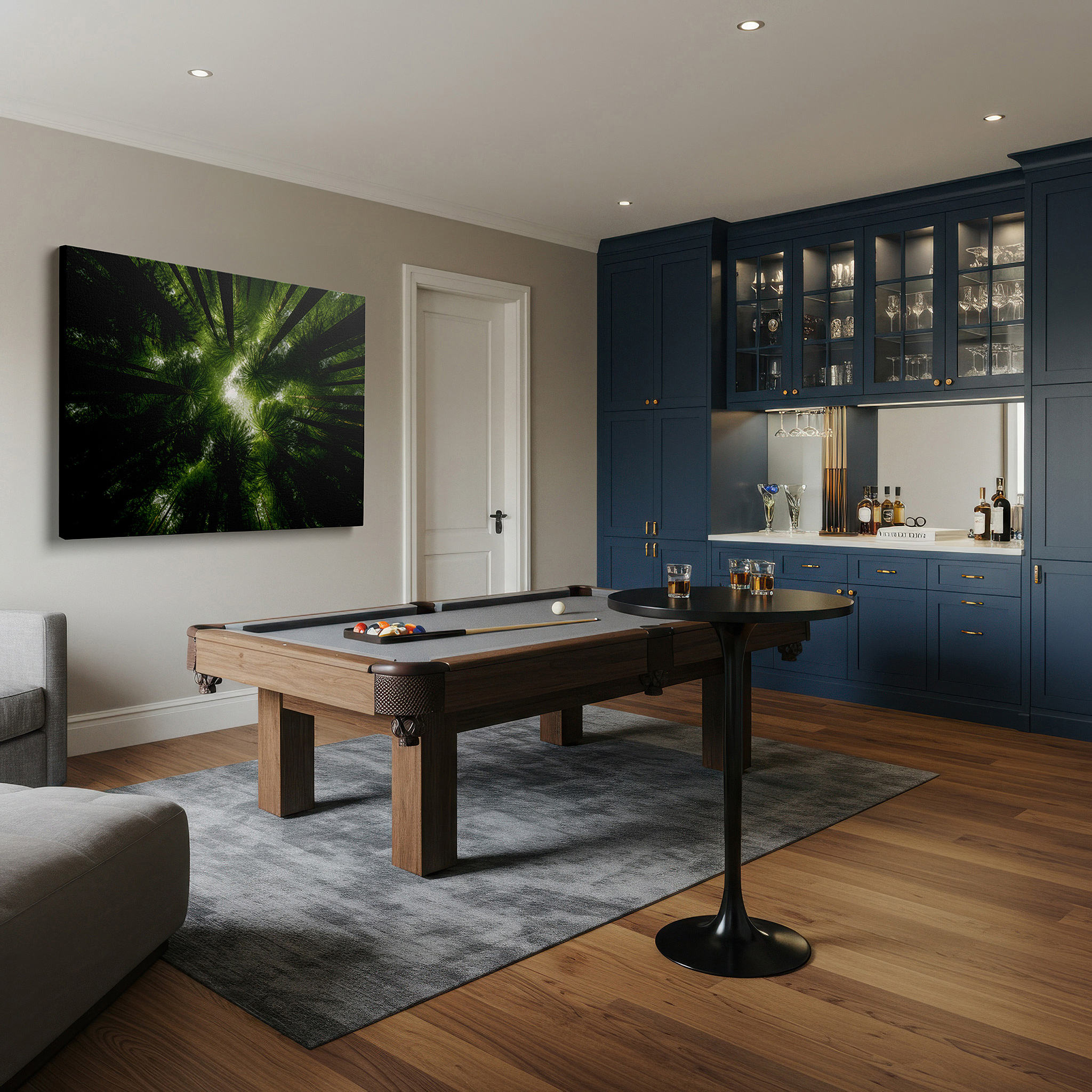 Featured in a dining room with dark wood furniture and candlelight — serene forest canopy: tranquil views of lush greenery and radiant skies - large canvas wall art for home and office decor