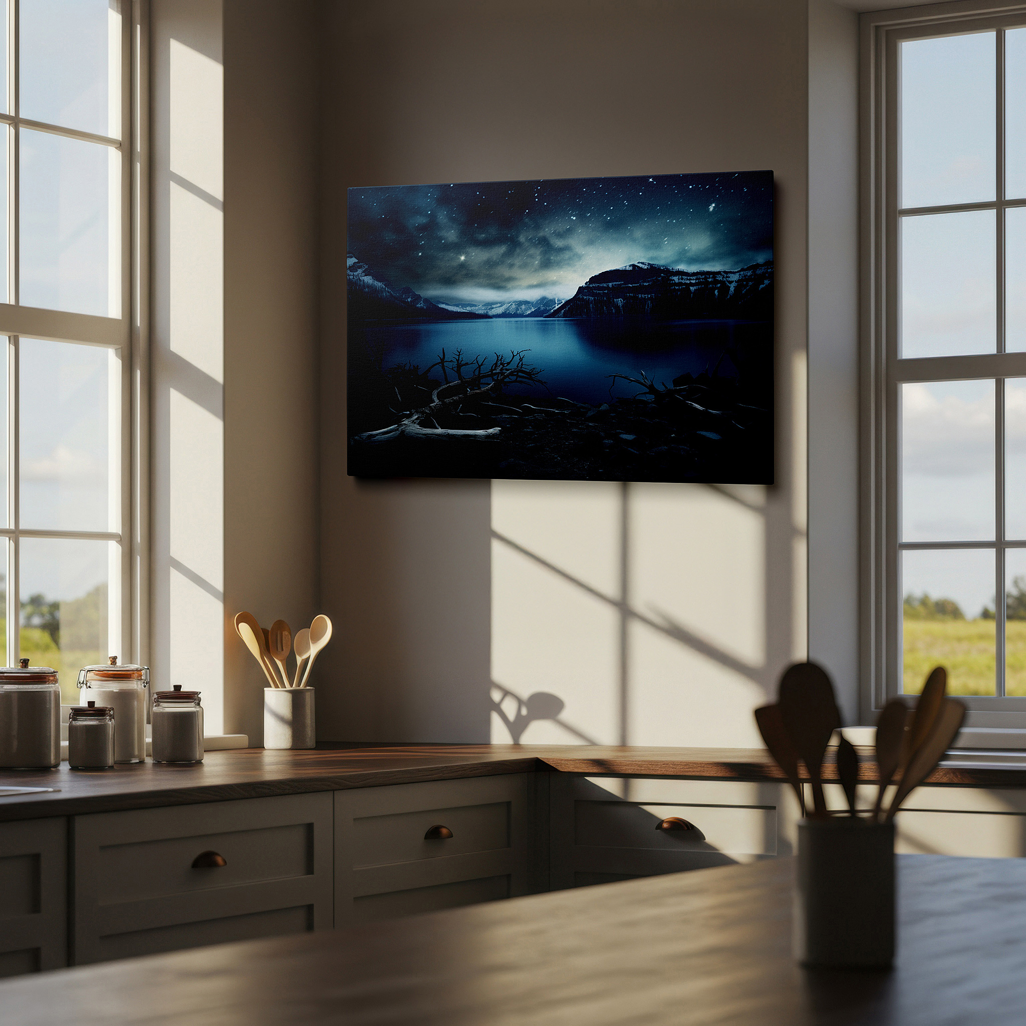 Featured in a dining room with dark wood furniture and candlelight — serene lakeside reflections: rugged nature and ethereal light - large canvas wall art for office and bedroom decor