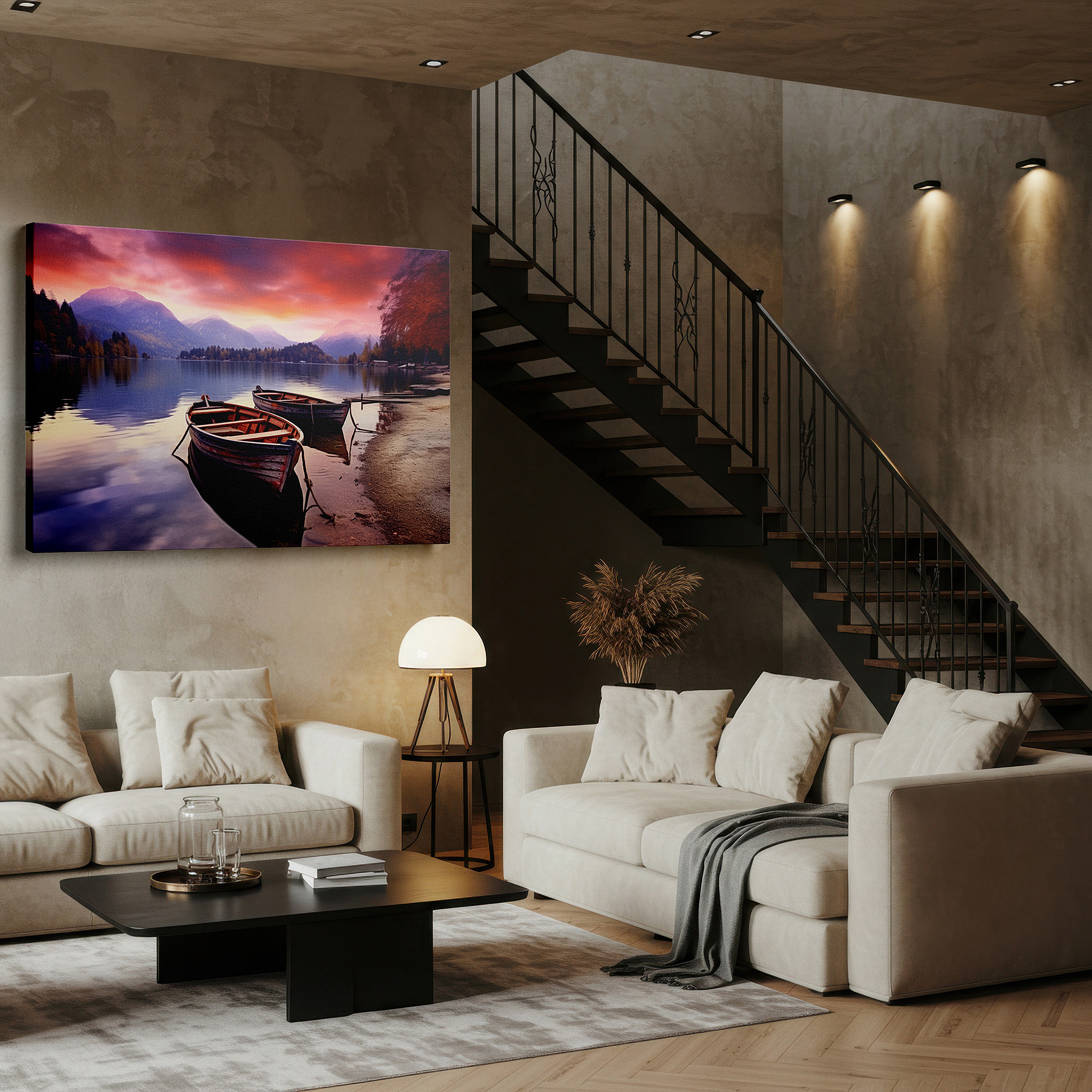 Featured in a dining room with dark wood furniture and candlelight — serene lakeside sunset featuring rowboats and stunning mountain reflections - large canvas wall art for office and bedroom decor