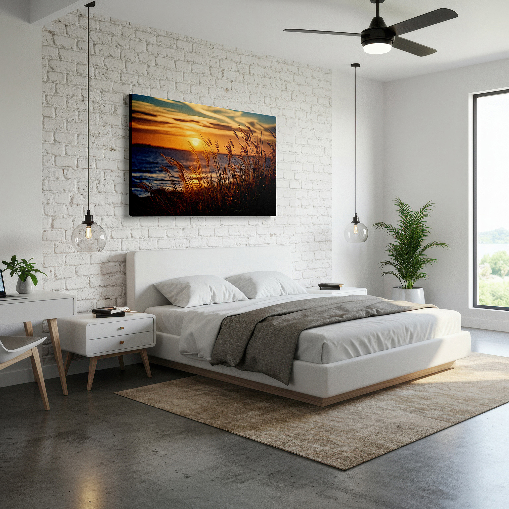 Featured in a dining room with dark wood furniture and candlelight — serene meadow at sunset: large canvas wall art featuring golden grass and reflective waters for office, bedroom, and living room decor