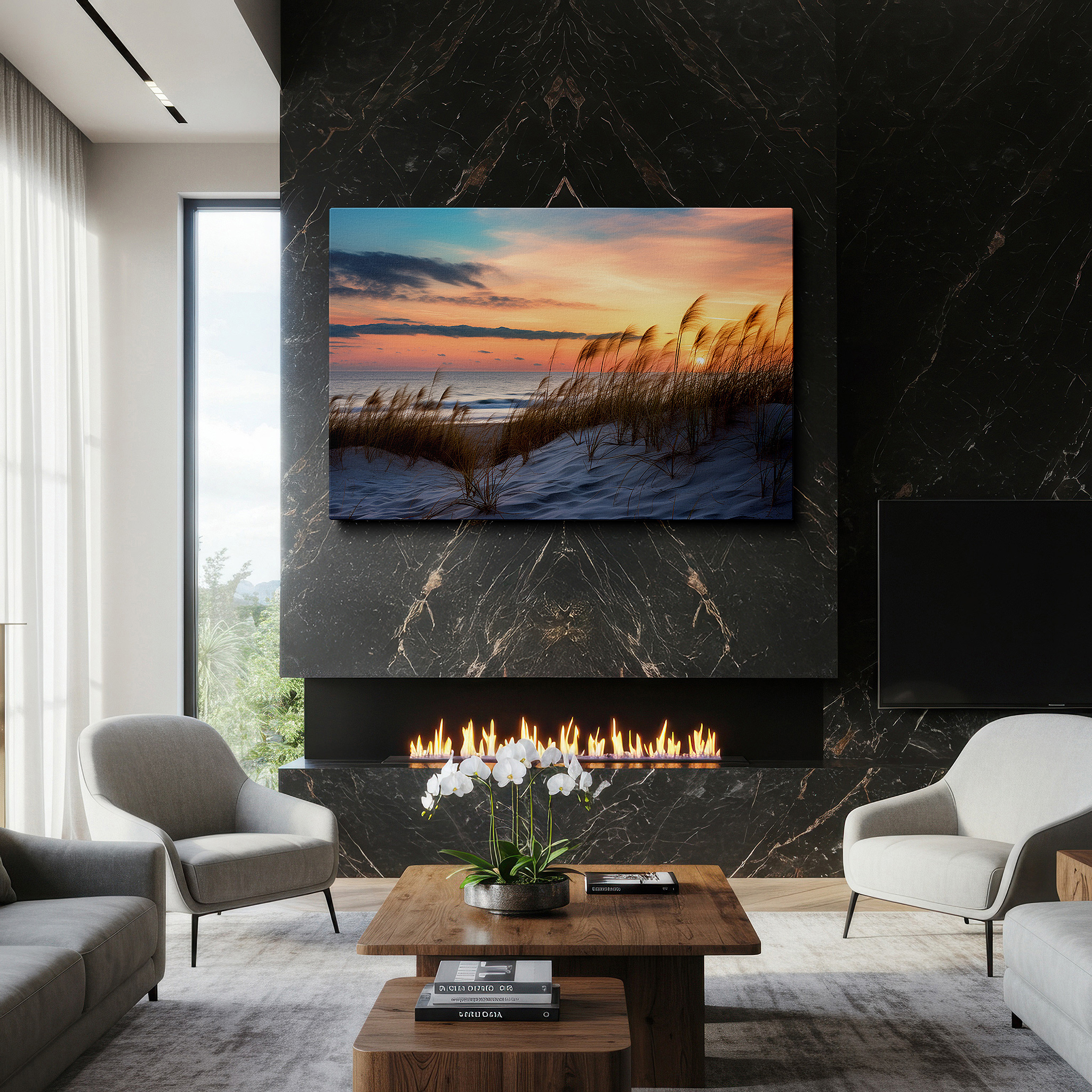 Featured in a dining room with dark wood furniture and candlelight — serene ocean dune landscape with twilight sky and swaying grass: large canvas wall art for office, bedroom, and living room decor