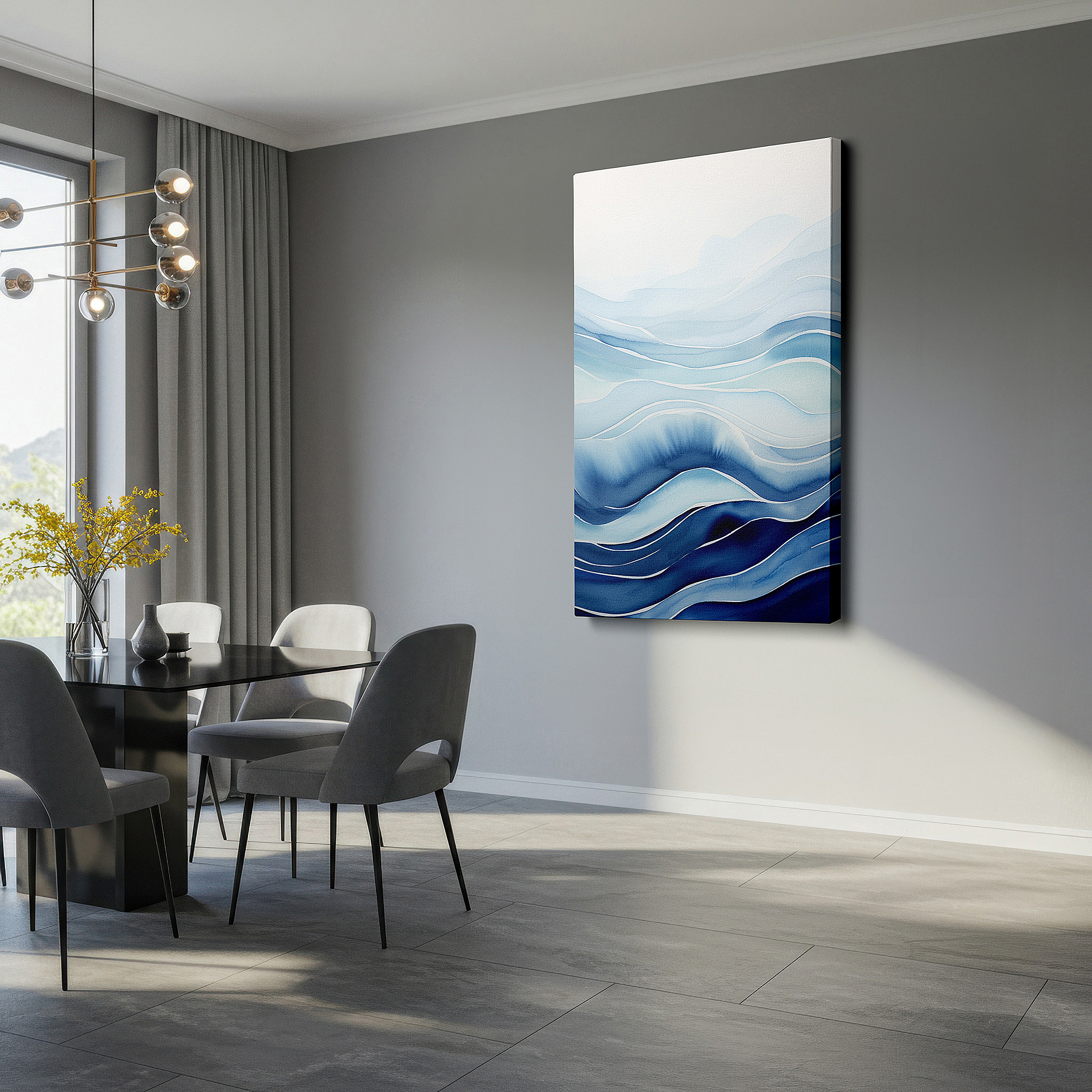 Featured in a dining room with dark wood furniture and candlelight — serene ocean waves in soft blue hues, large tranquil wall art, canvas decor for office and bedroom