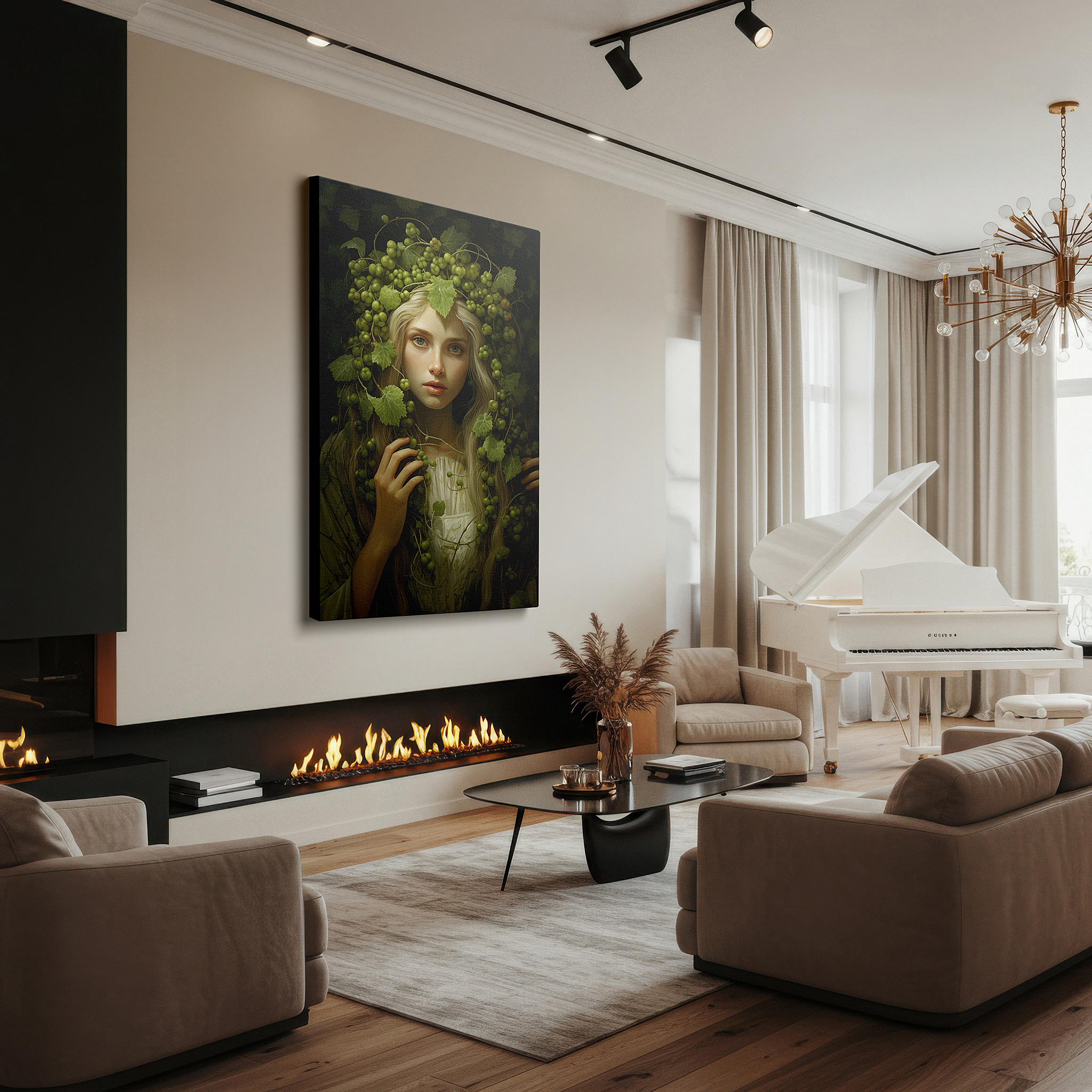 Featured in a dining room with dark wood furniture and candlelight — serene reflections of nature's bounty: large wall art featuring a crown of grapevines and leaves, canvas wall art for office decor