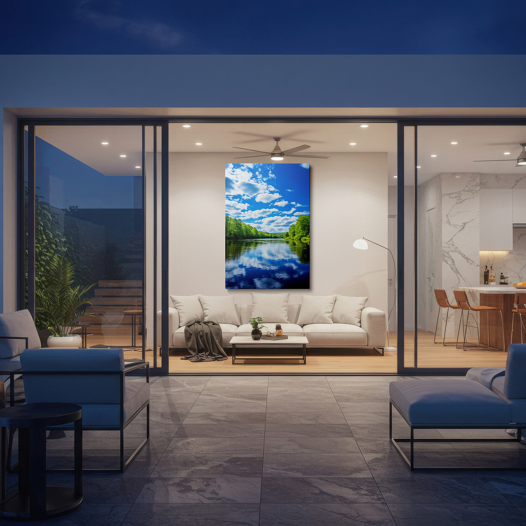 Featured in a dining room with dark wood furniture and candlelight — serene riverscape and sky reflections: tranquil nature interplay large wall art, canvas decor for office and bedroom