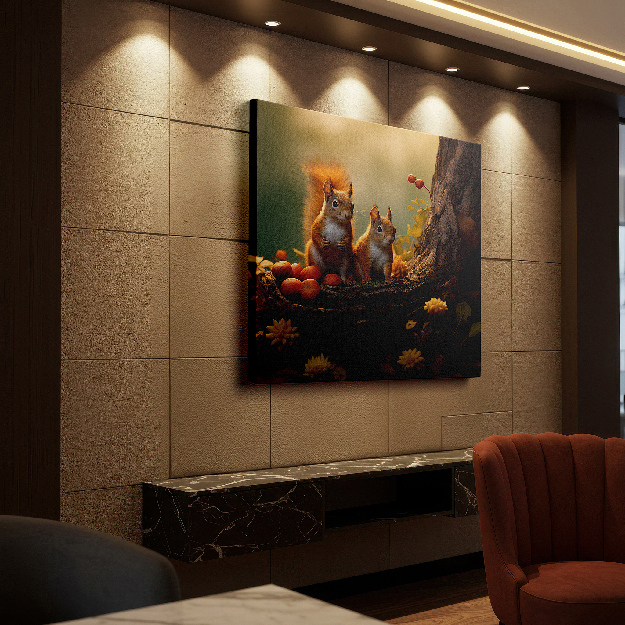 Featured in a dining room with dark wood furniture and candlelight — serene squirrels in autumn splendor: celebrating wildlife and companionship - large canvas wall art for office decor