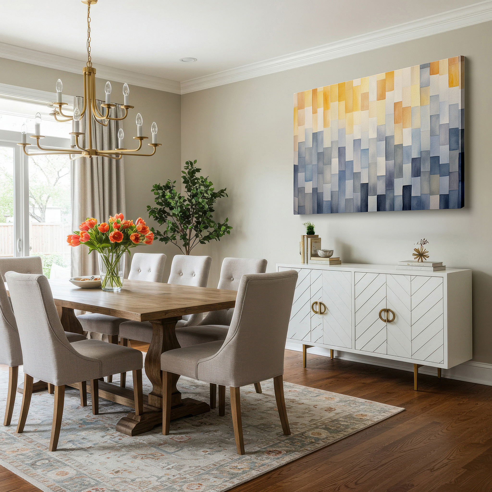 Featured in a dining room with dark wood furniture and candlelight — serene textured pastels for peaceful reflection and calm atmosphere large wall art, canvas wall art, wall decor, office wall art, bedroom wall art