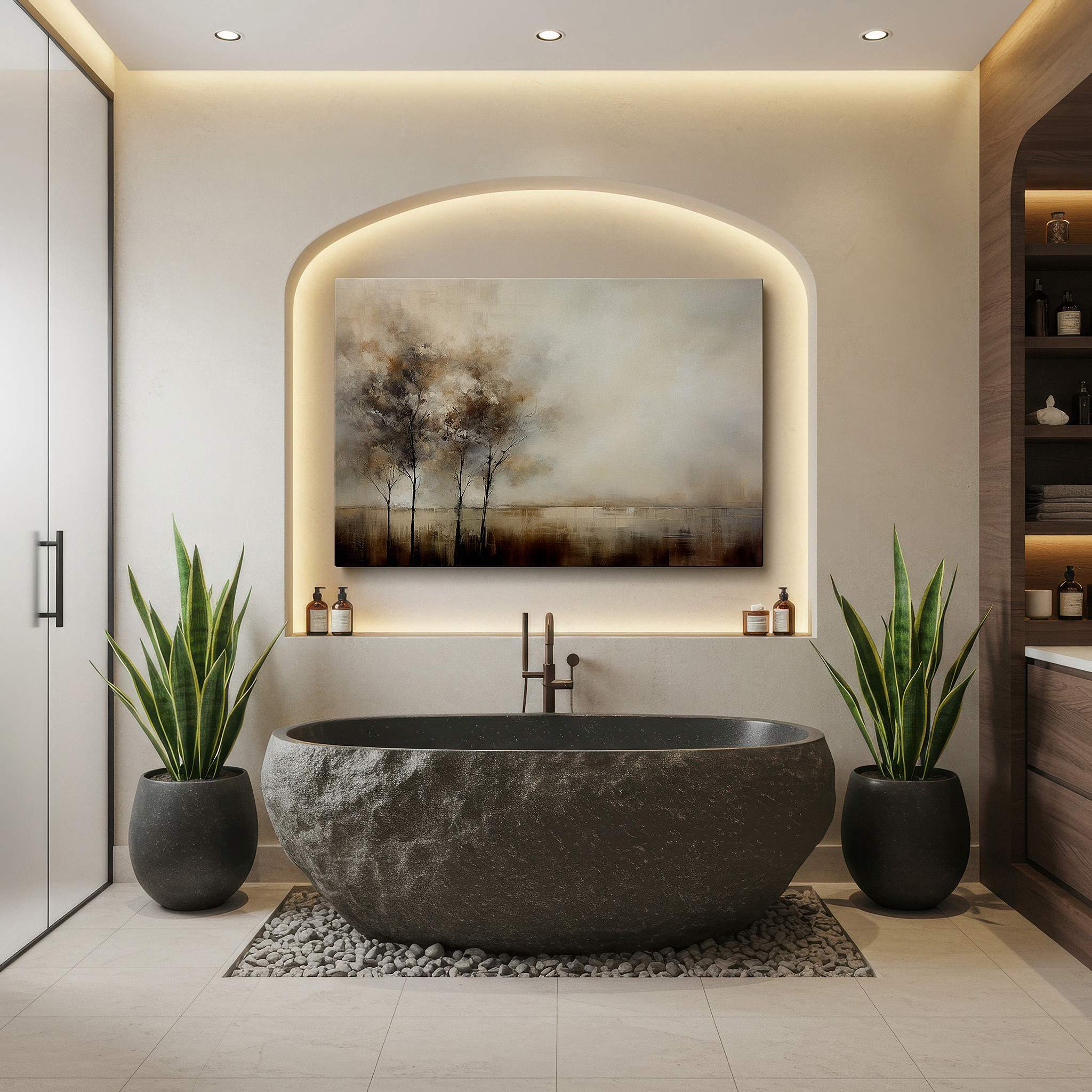 Featured in a dining room with dark wood furniture and candlelight — serene trees in earth tones: a symbol of strength and tranquility - large wall art for any space, including canvas wall art for offices and bedrooms