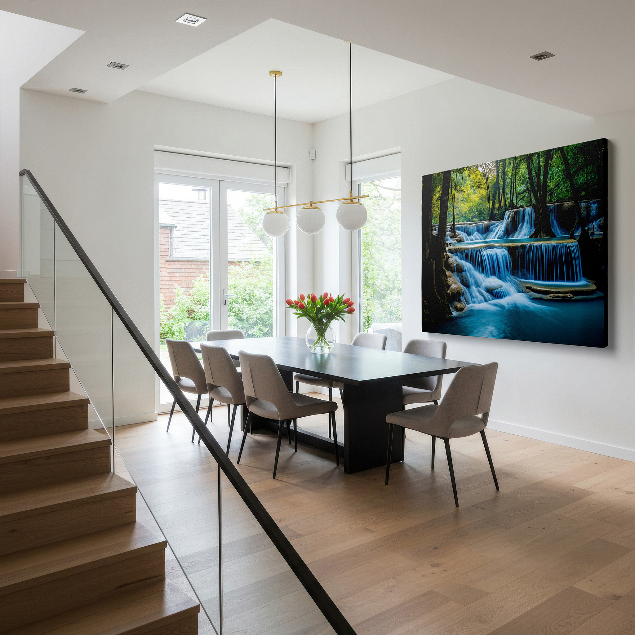 Featured in a dining room with dark wood furniture and candlelight — serene waterfall oasis large canvas wall art amidst lush forest majesty for office, bedroom, and living room decor