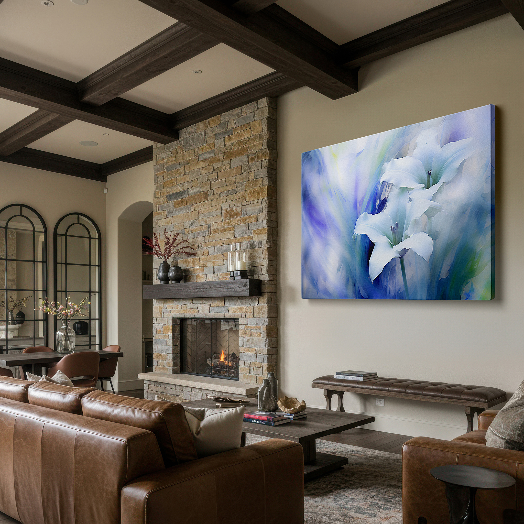 Featured in a dining room with dark wood furniture and candlelight — serene white lilies on soft blue and green background large canvas wall art for office, bedroom, and living room decor