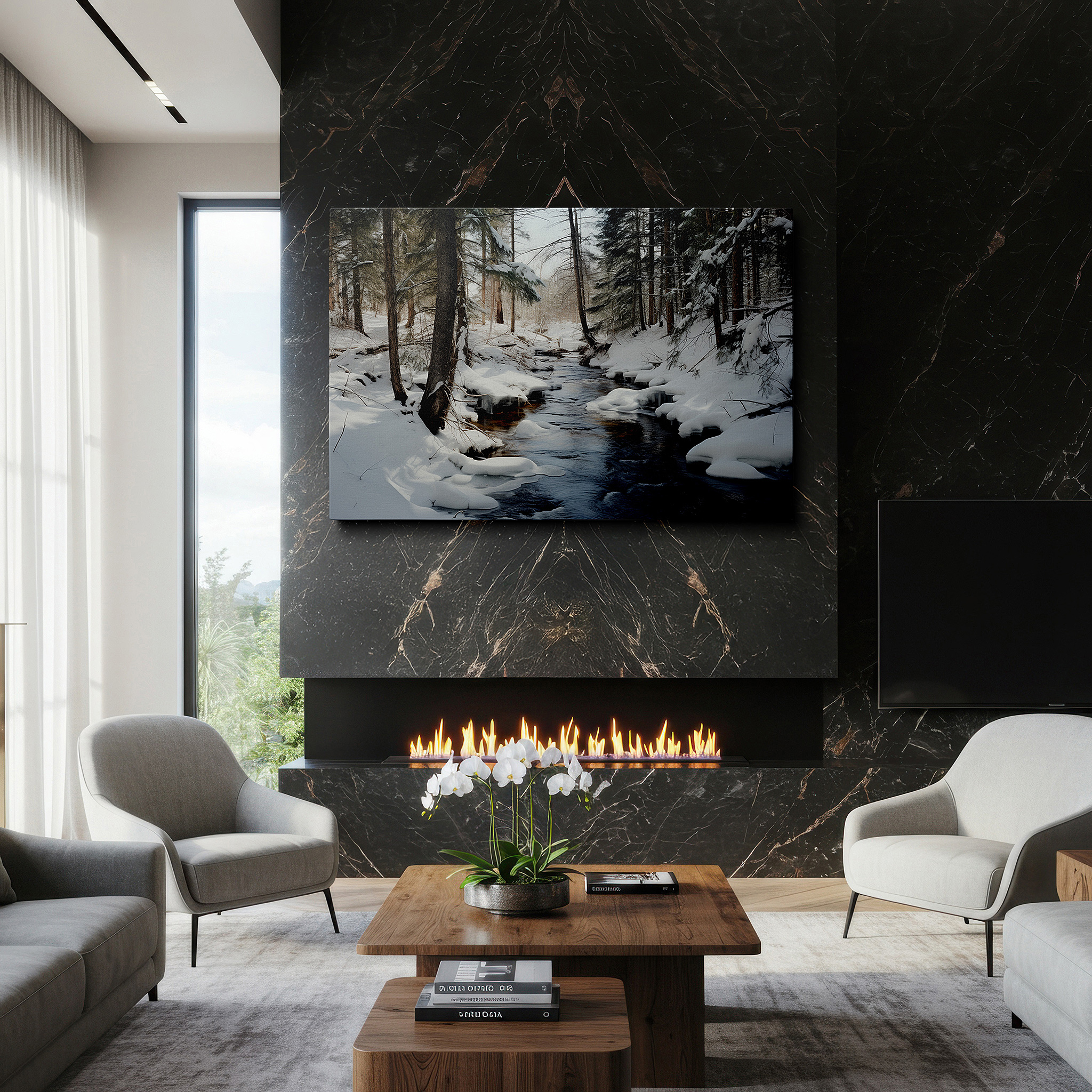 Featured in a dining room with dark wood furniture and candlelight — serene winter creek amidst snowy trees large wall art, canvas wall art, wall decor for office, bedroom, and living room
