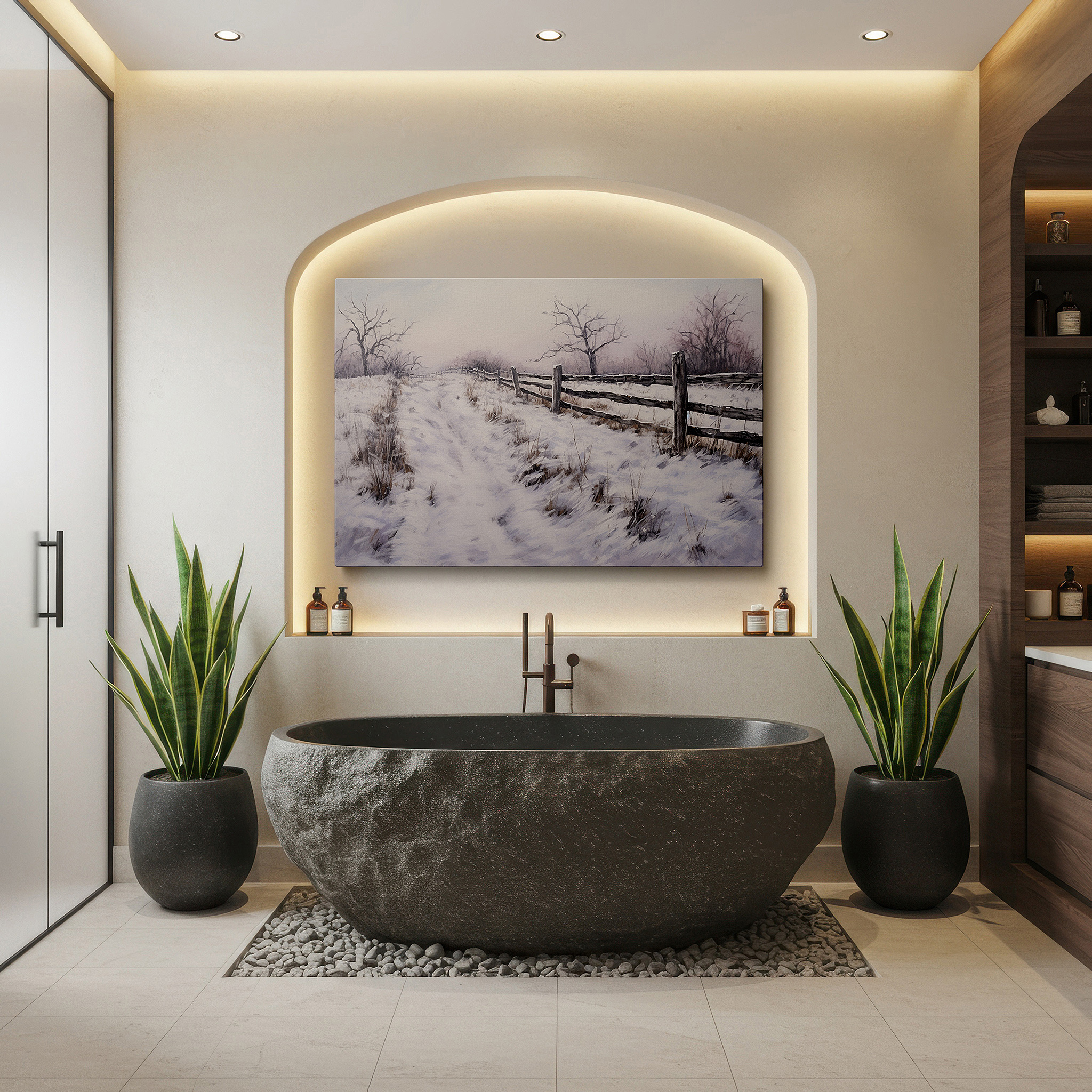 Featured in a dining room with dark wood furniture and candlelight — serene winter landscape featuring a snow-covered path and rustic wooden fence - large canvas wall art for office and bedroom decor