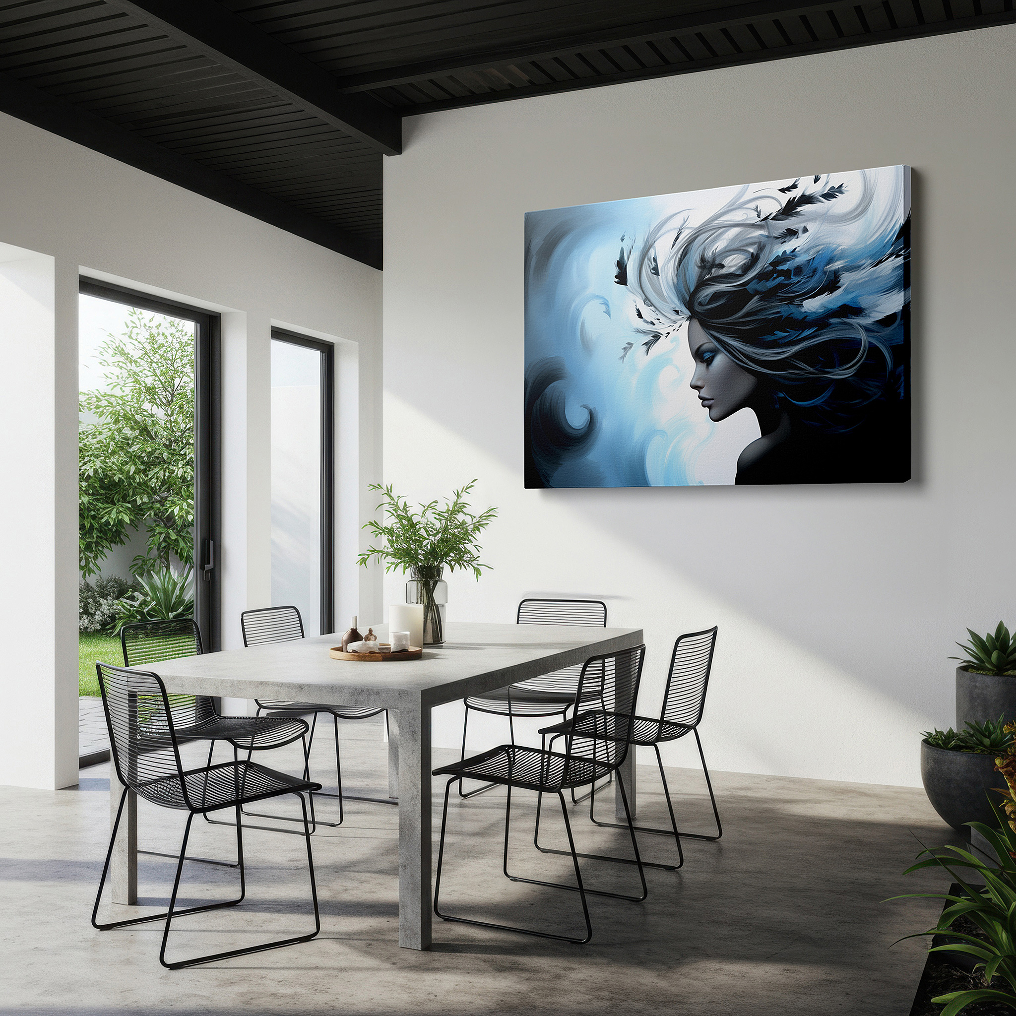 Featured in a dining room with dark wood furniture and candlelight — serene woman caressed by breeze, symphony of calm blues and soft whispers, large canvas wall art for office and bedroom decor