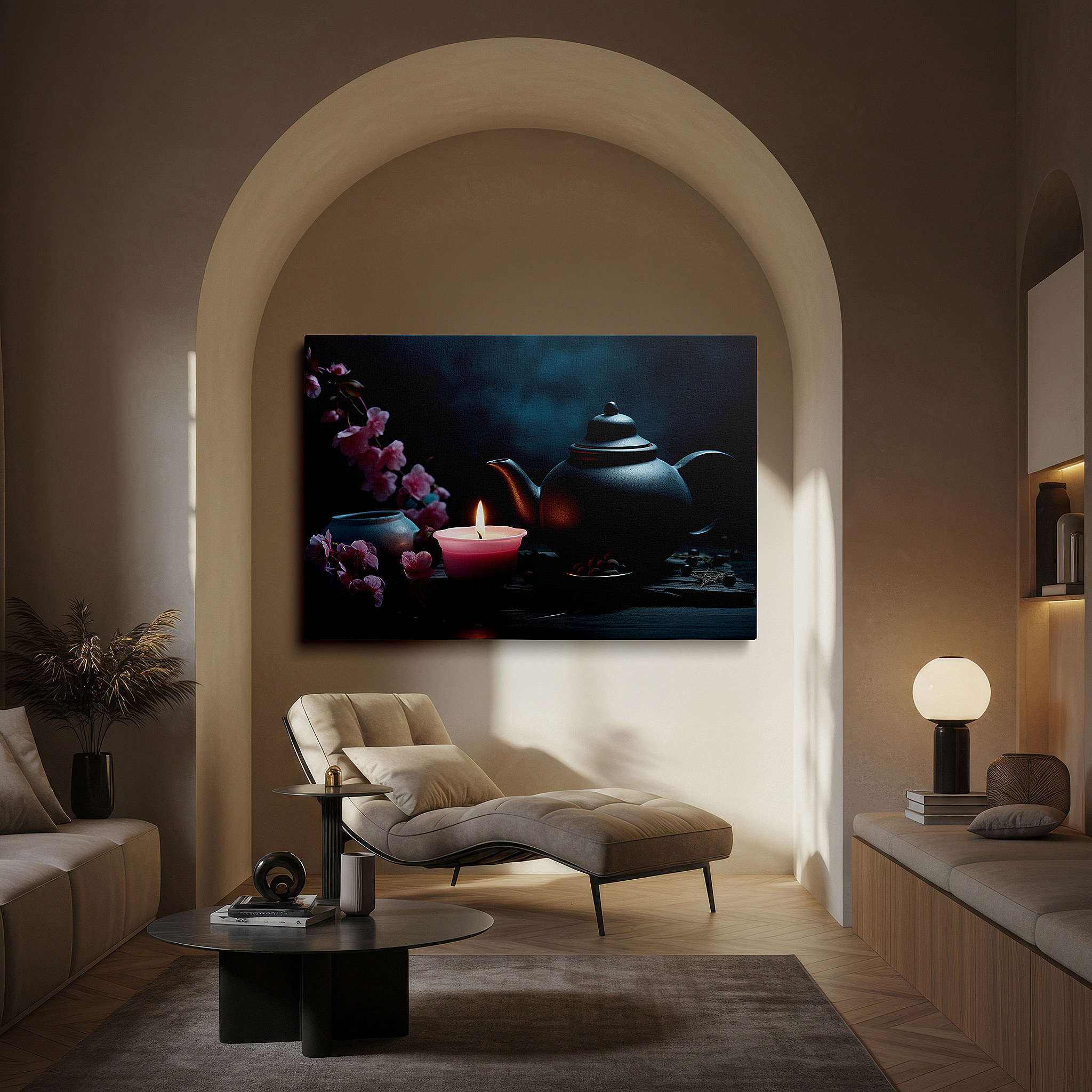 Featured in a dining room with dark wood furniture and candlelight — serenity in still life: black teapot, candle glow, and cherry blossoms - large canvas wall art for office and bedroom decor