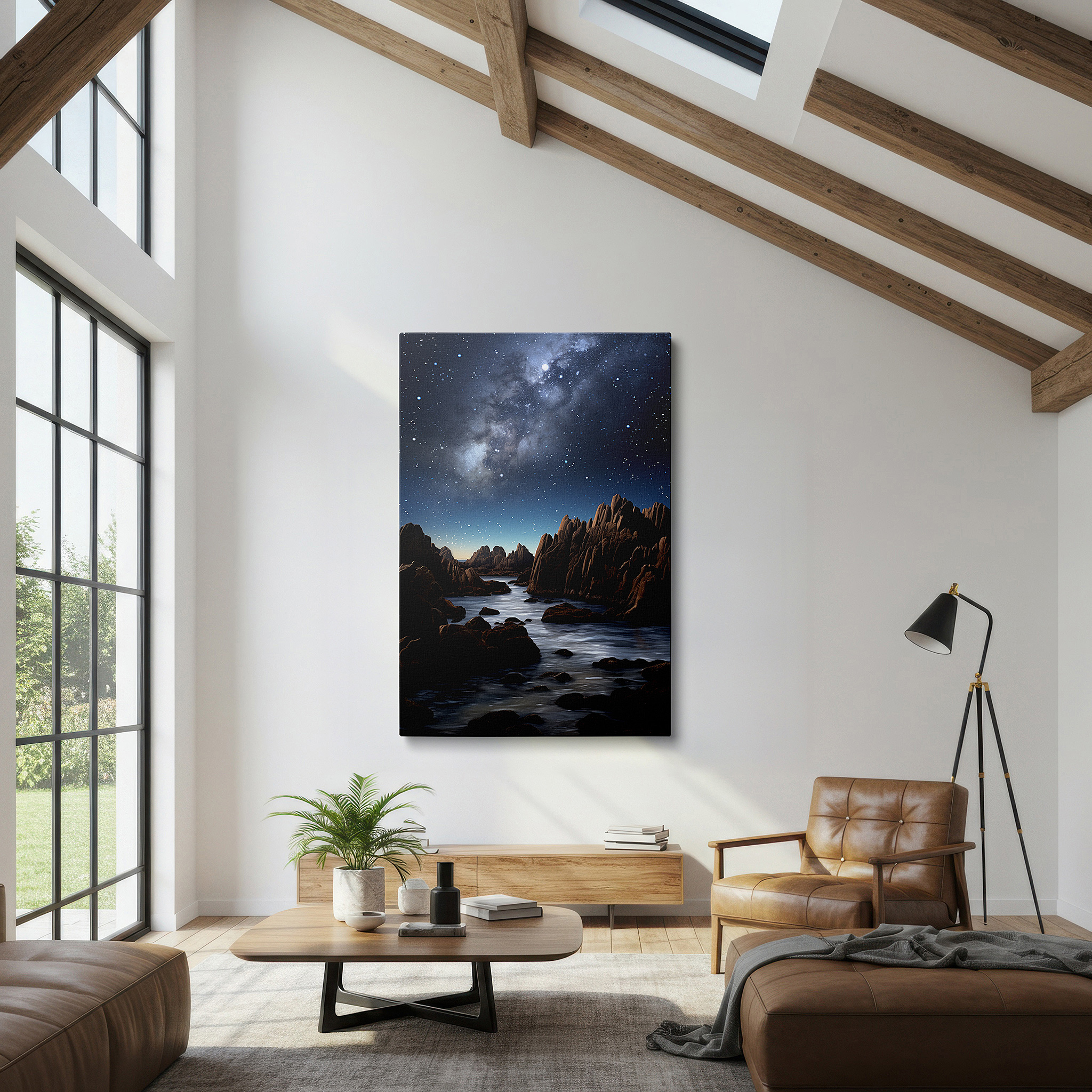 Featured in a dining room with dark wood furniture and candlelight — stunning rocky landscape beneath the ethereal milky way, large canvas wall art for a visual journey into nature and the cosmos, perfect for home or office decor