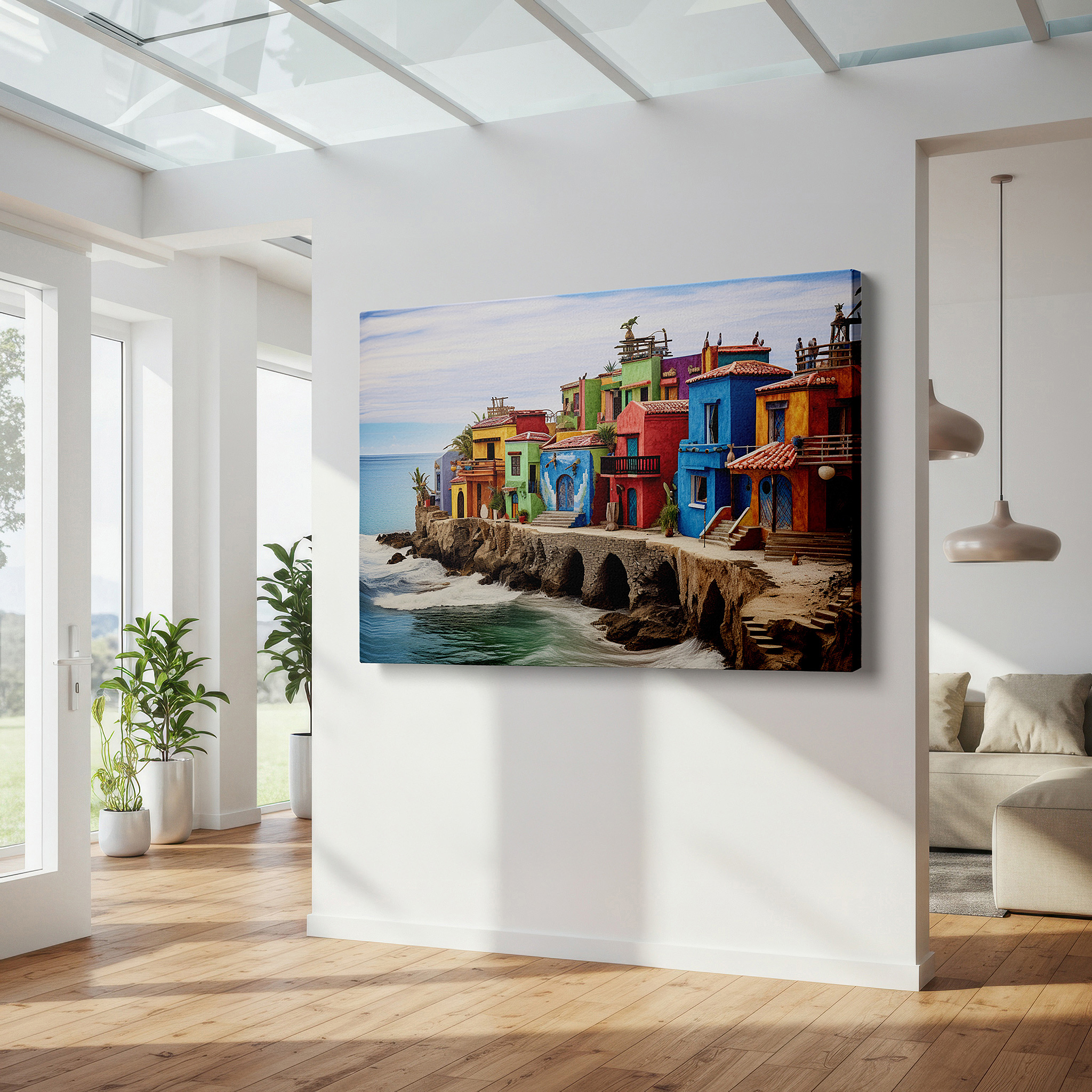 Featured in a dining room with dark wood furniture and candlelight — sunlit cliffside coastal village, escape to serene blue waters large wall art, canvas wall art, wall decor for office and bedroom