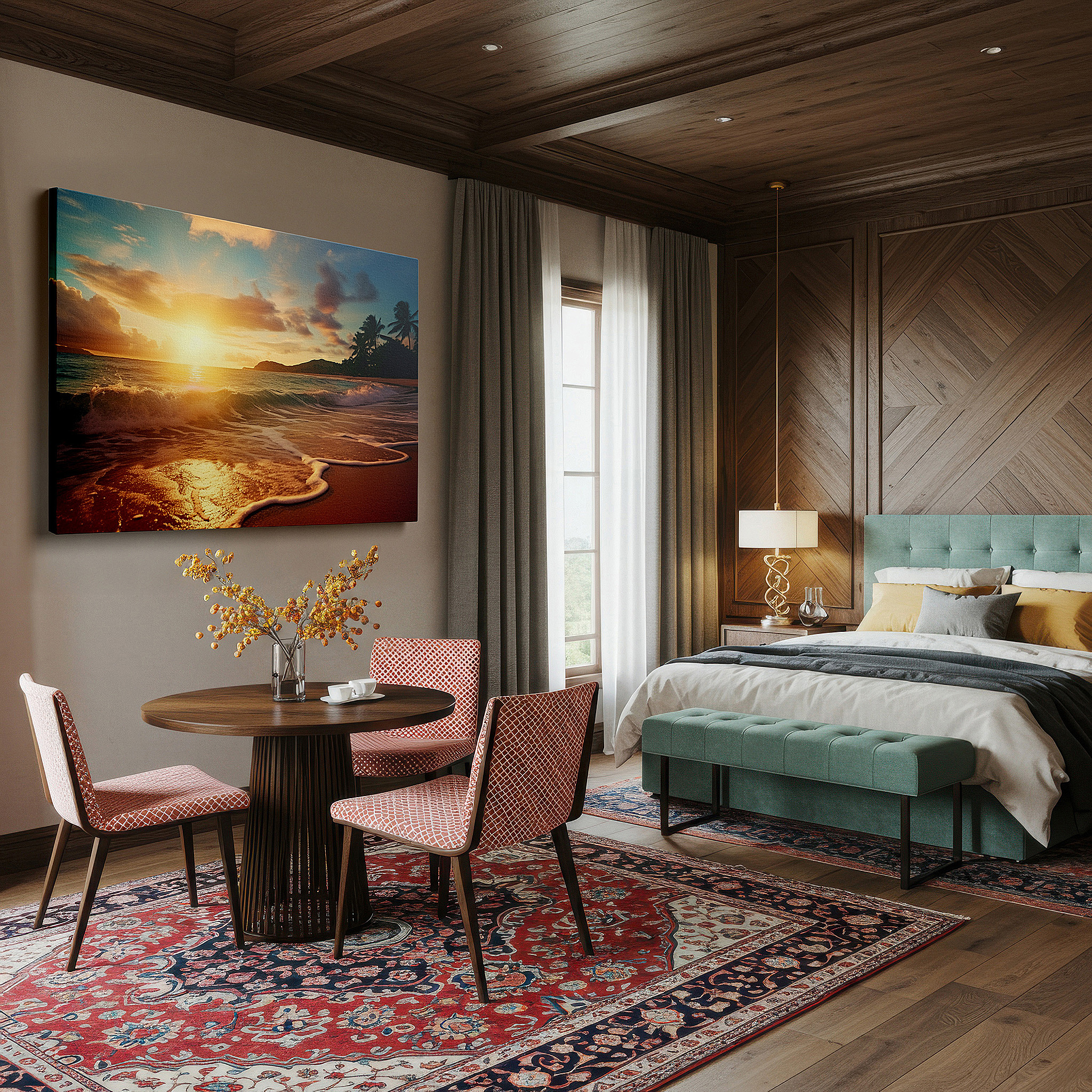 Featured in a dining room with dark wood furniture and candlelight — sunrise serenity on a sandy beach - warm hues and gentle waves large wall art, canvas wall art, wall decor for office and bedroom
