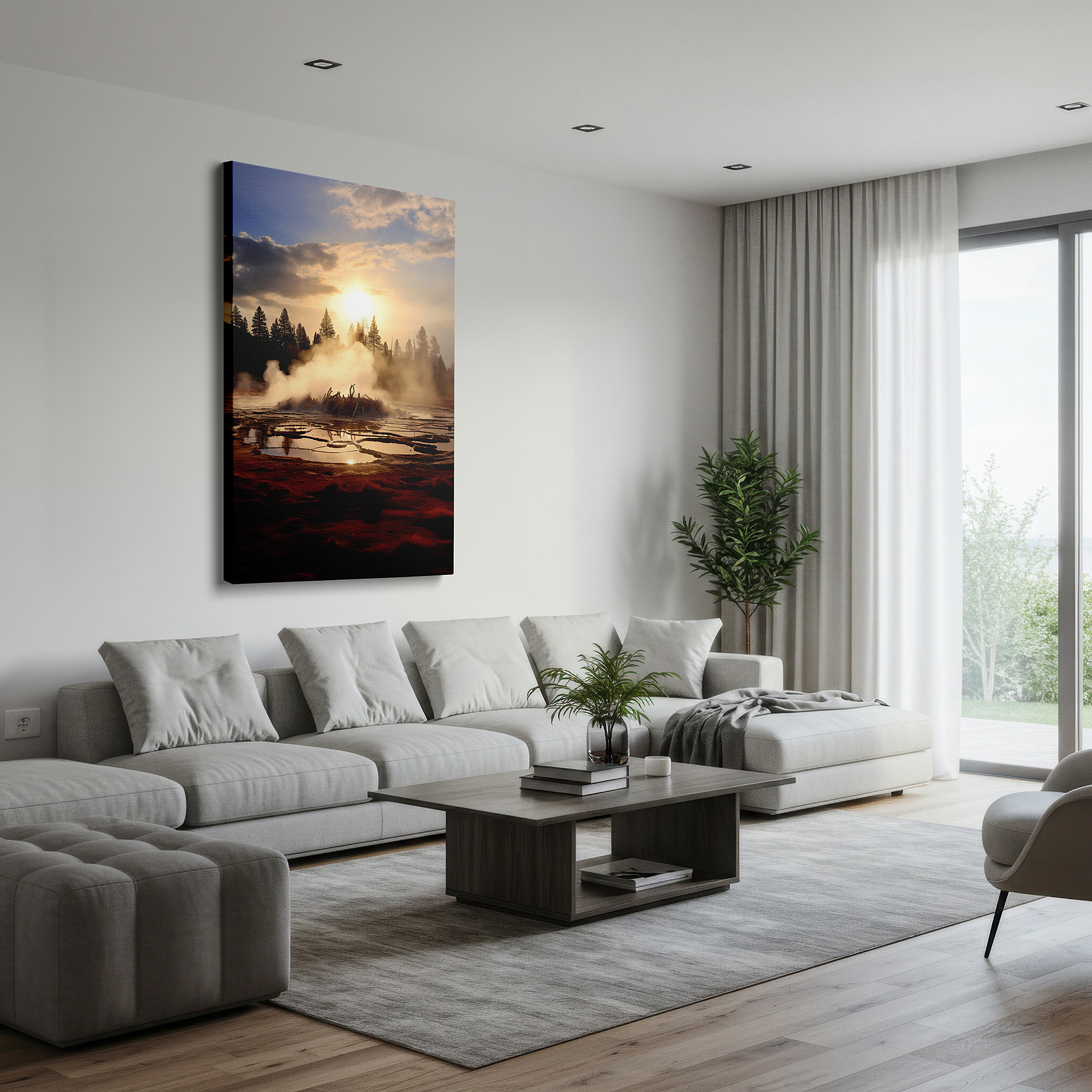 Featured in a dining room with dark wood furniture and candlelight — sunset forest geyser eruption, dynamic energy and serene beauty large wall art, canvas wall art, wall decor for office