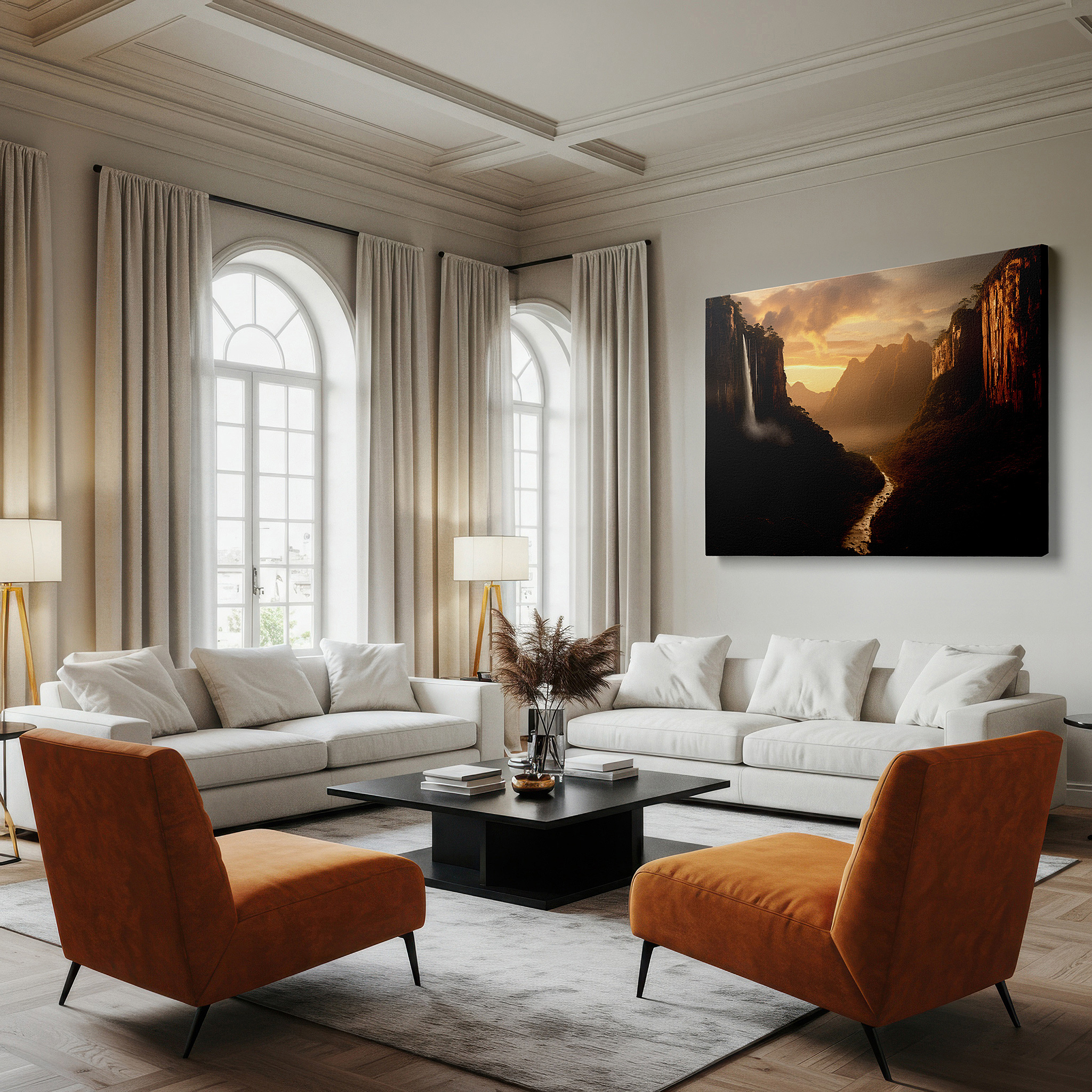 Featured in a dining room with dark wood furniture and candlelight — sunset-illuminated majestic waterfall in a serene valley large wall art, canvas wall art, wall decor for office and bedroom