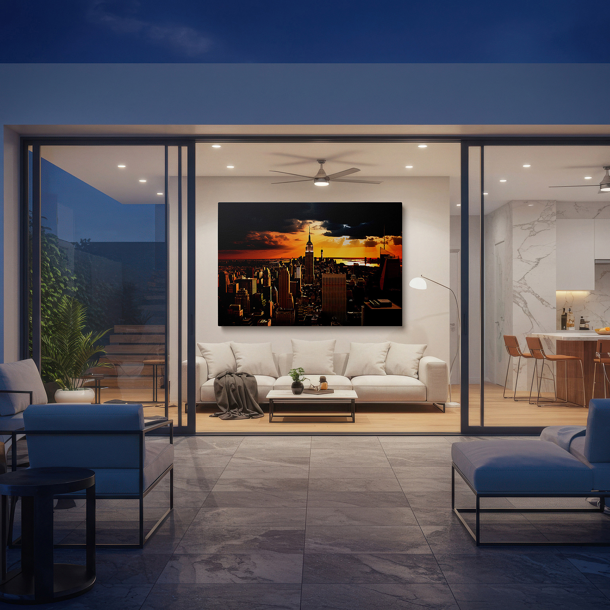 Featured in a dining room with dark wood furniture and candlelight — sunset illumination of the empire state building, warm golden cityscape large wall art, canvas wall art, wall decor for office