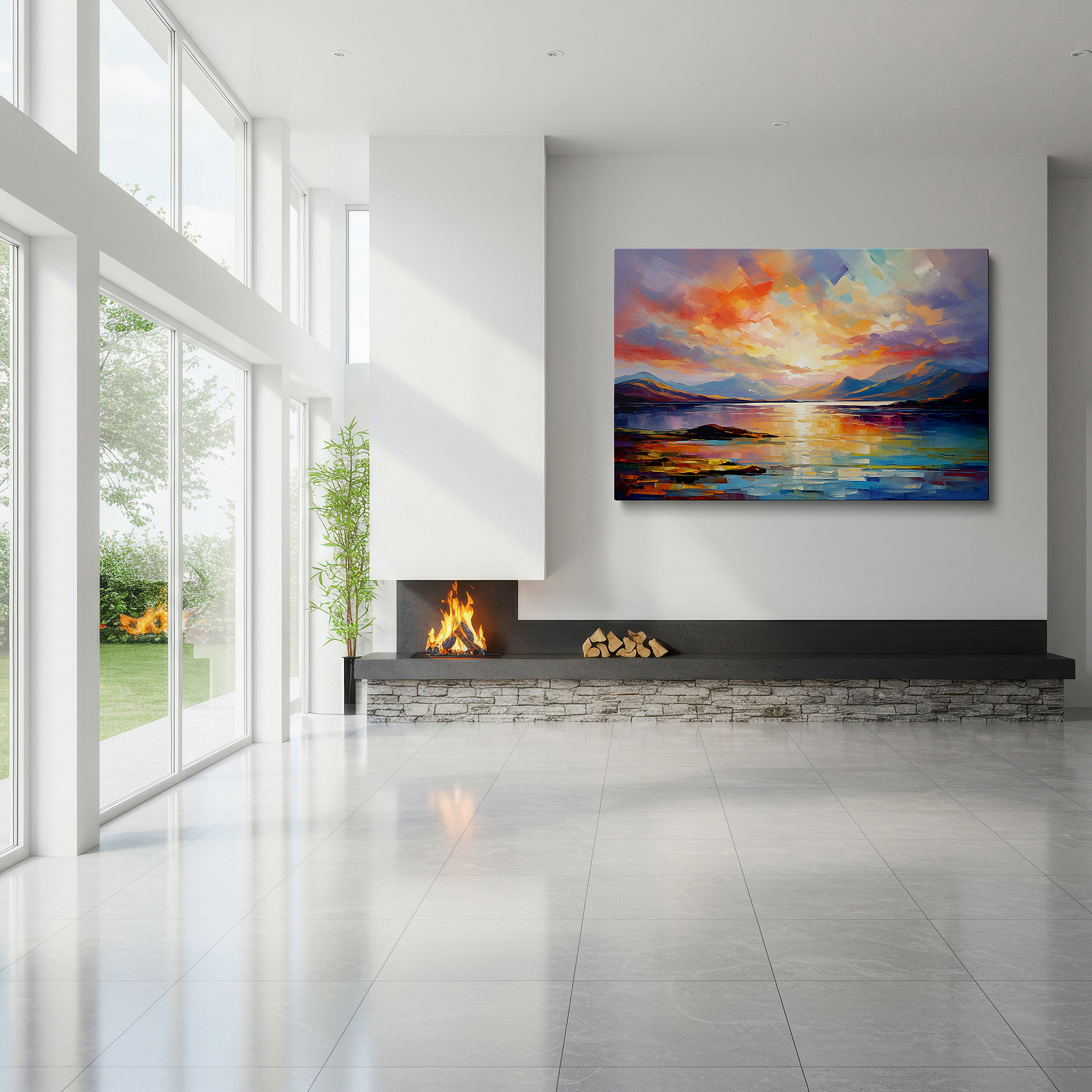 Featured in a dining room with dark wood furniture and candlelight — sunset serenade - a peaceful impressionist landscape featuring luminous reflections, large canvas wall art for home and office decor