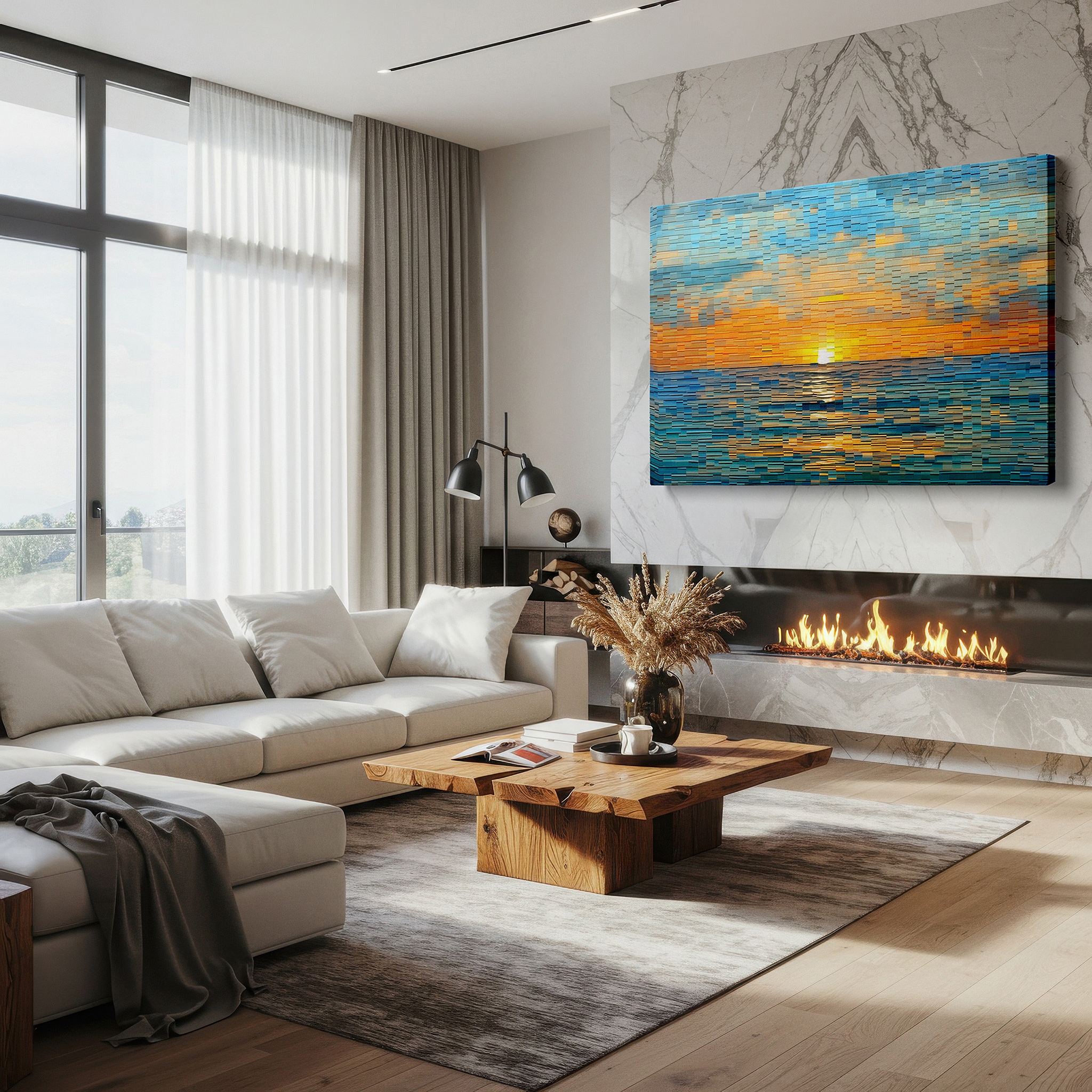 Featured in a dining room with dark wood furniture and candlelight — sunset symphony over the ocean - fiery waves and tranquil hues dance large wall art, canvas wall art, wall decor for office and bedroom