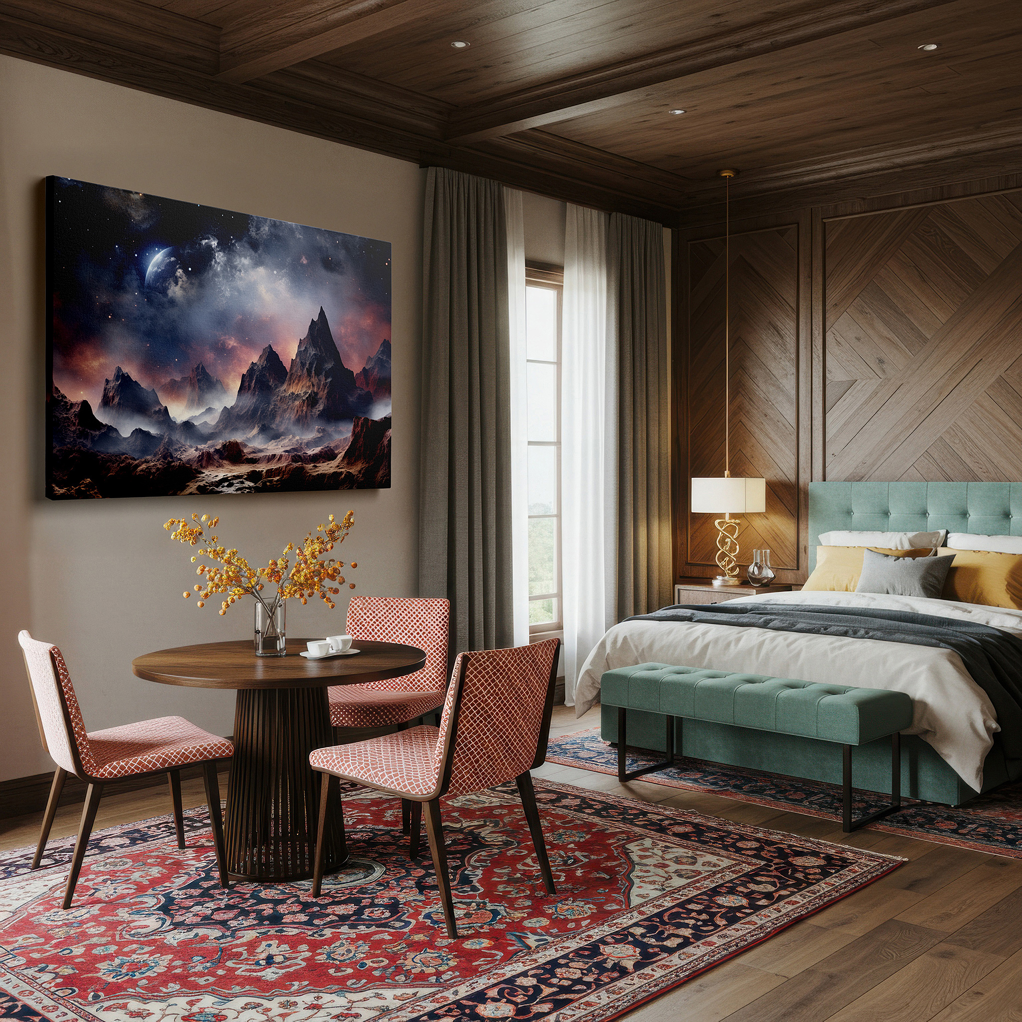 Featured in a dining room with dark wood furniture and candlelight — surreal alien landscape wall art: ethereal mountains and cosmic splendor - large canvas art for office and bedroom decor