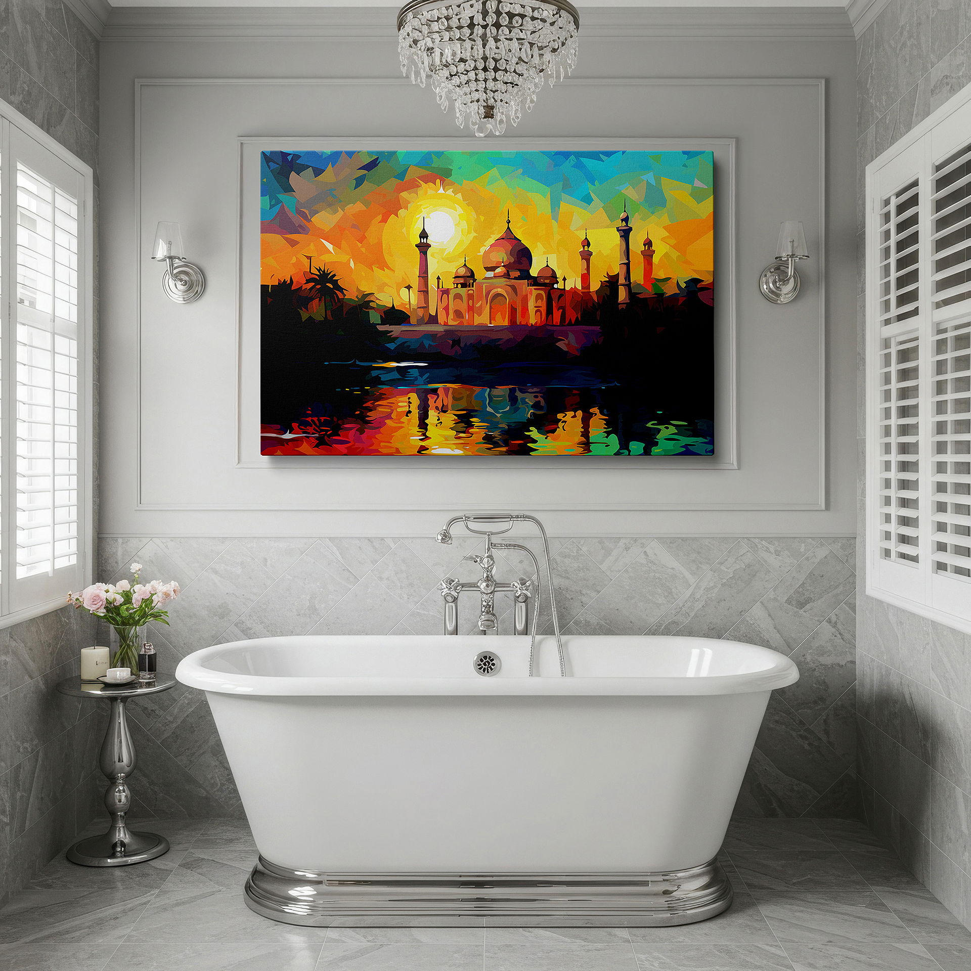 Featured in a dining room with dark wood furniture and candlelight — taj mahal radiant sun wall art - contemporary color and