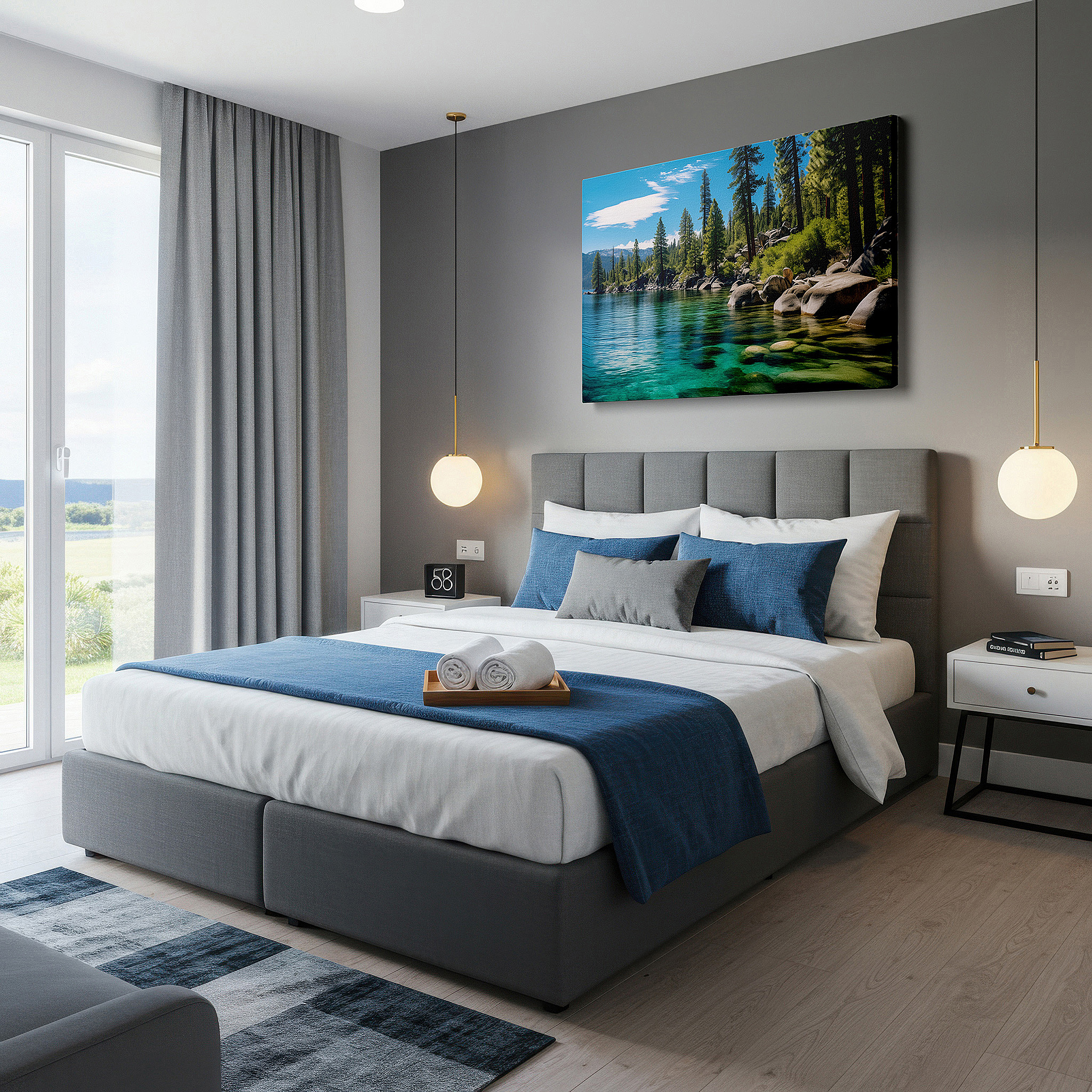 Featured in a dining room with dark wood furniture and candlelight — tranquil lakeside view featuring sky, water, rocks, and pine trees - ideal for peaceful environments, large canvas wall art, home and office decor