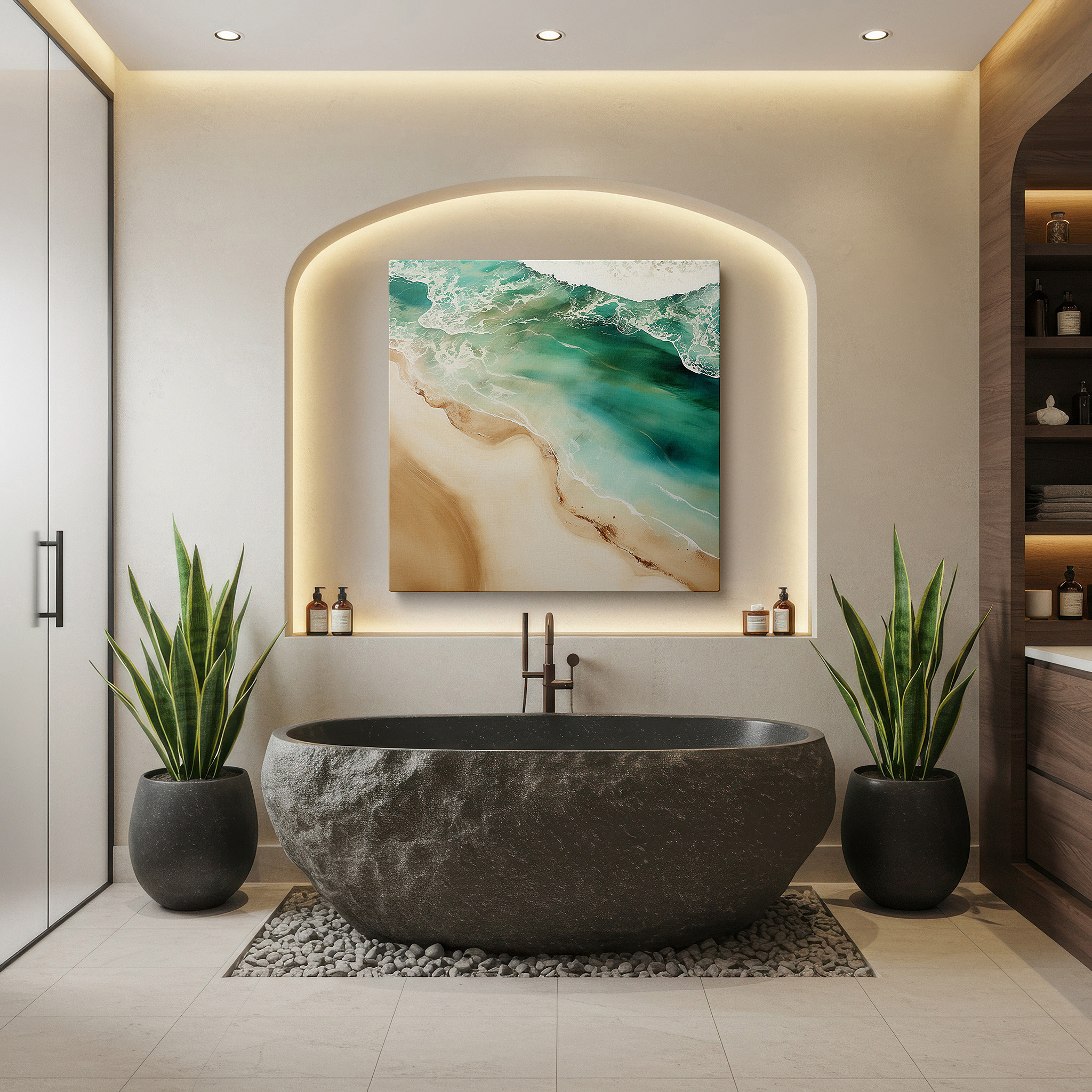 Featured in a dining room with dark wood furniture and candlelight — tranquil teal waves caress pristine sands in a peaceful coastal retreat - large wall art, canvas wall art, wall decor for office and bedroom