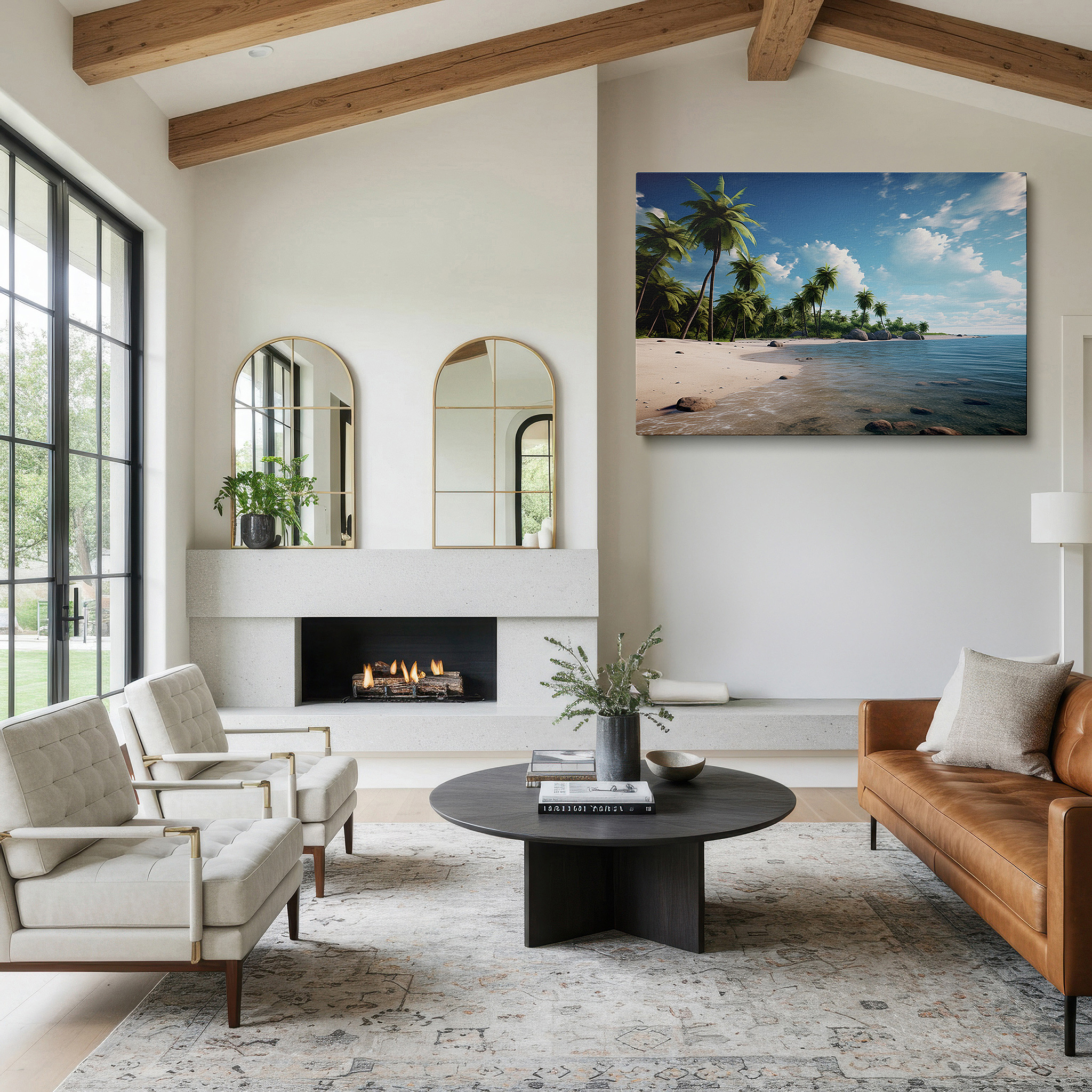 Featured in a dining room with dark wood furniture and candlelight — tropical beach serenity wall art featuring lush palms and sparkling turquoise waters, ideal for office and bedroom decor