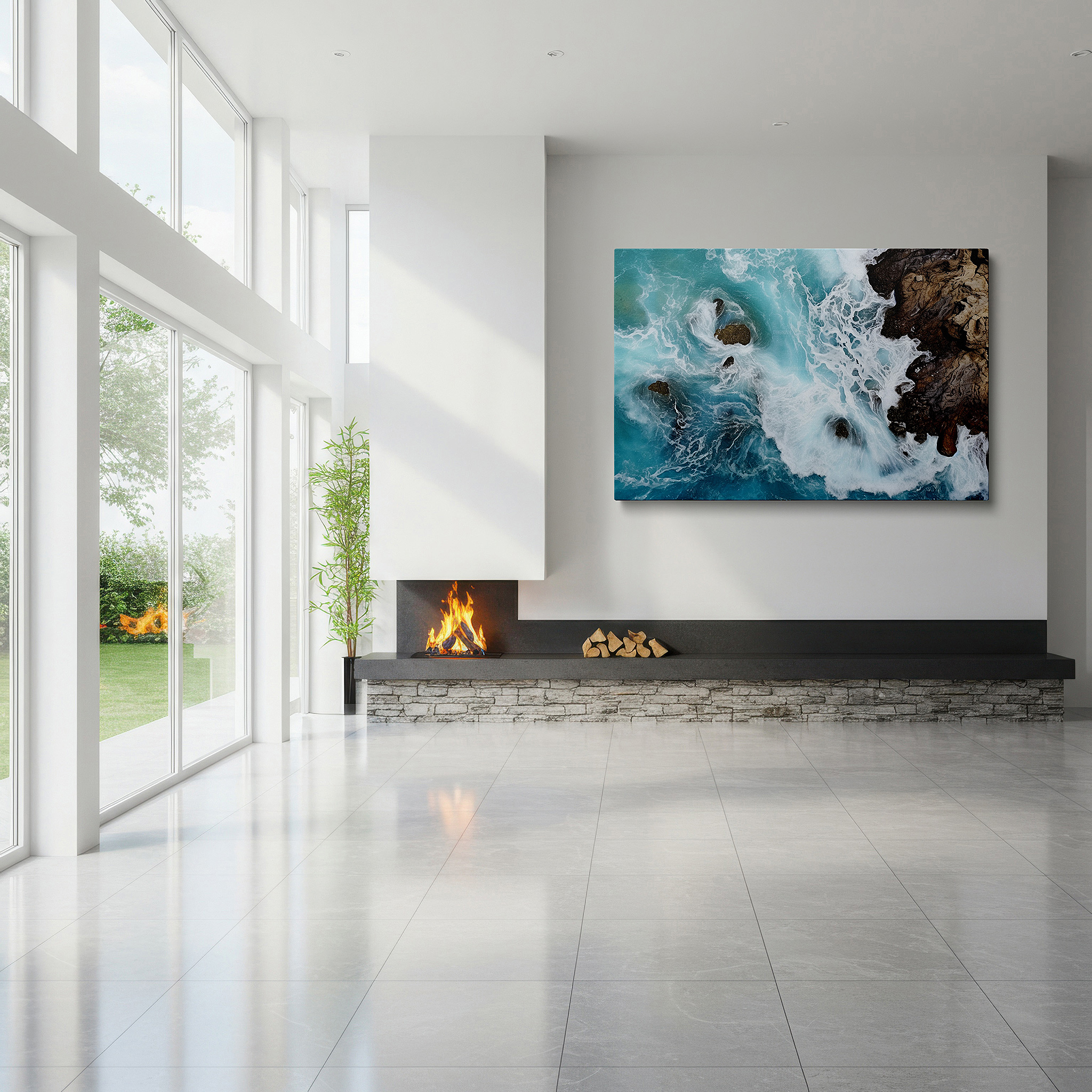 Featured in a dining room with dark wood furniture and candlelight — turquoise waves waltz along the jagged shoreline, a brilliant display of nature's hues and surfaces, oversized wall art, canvas wall art, wall decor for office