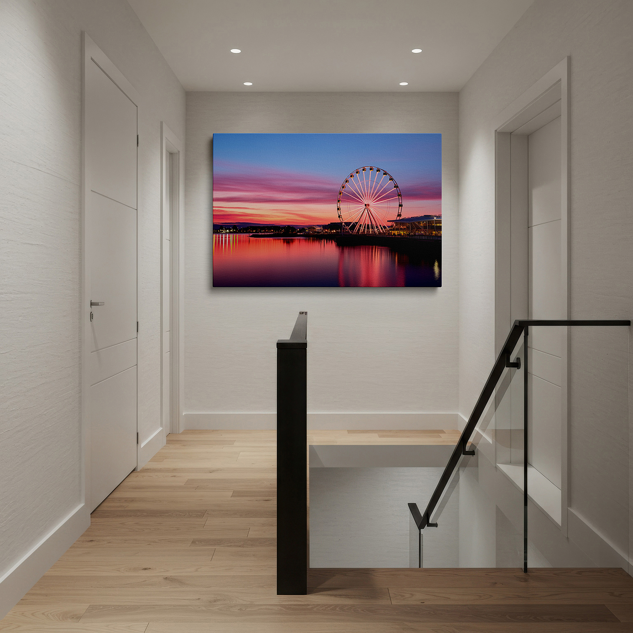 Featured in a dining room with dark wood furniture and candlelight — twilight glow over the ferris wheel: large waterfront reflection canvas art for office and bedroom decor