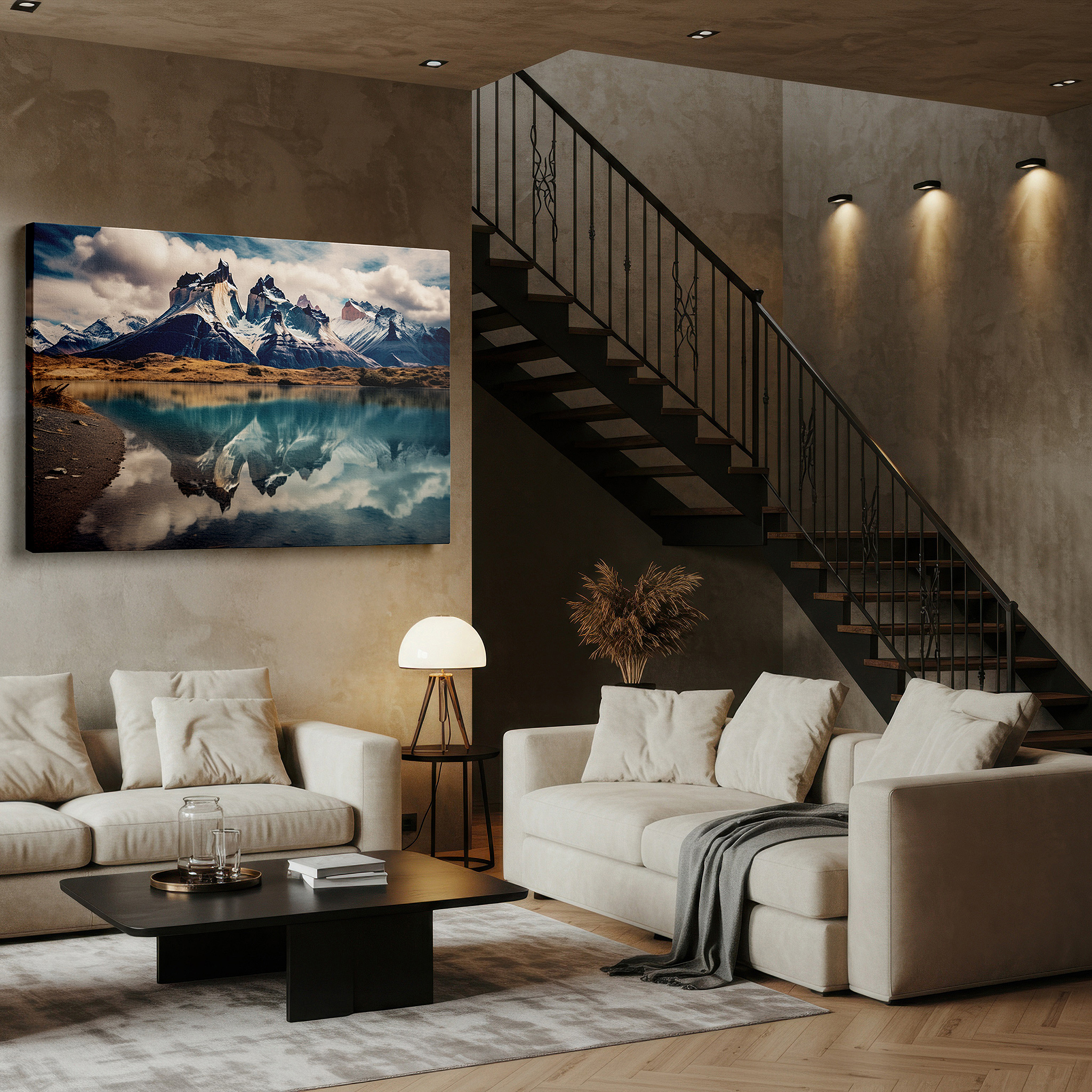 Featured in a dining room with dark wood furniture and candlelight — twilight glow on majestic mountains and serene lake reflections large wall art, canvas wall art, wall decor for office and bedroom