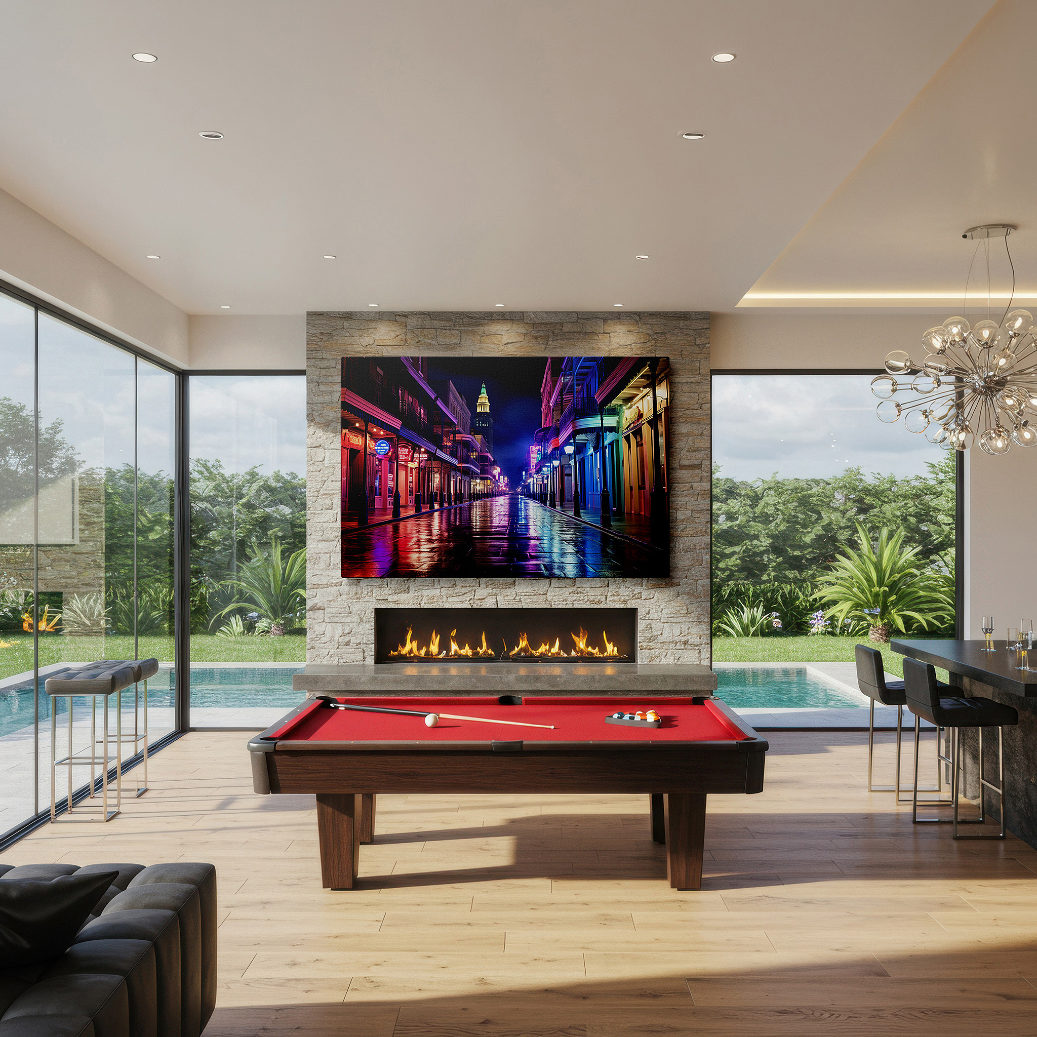 Featured in a dining room with dark wood furniture and candlelight — urban nights neon glow - rain-slicked streets vibrant with city life large wall art, canvas wall art, wall decor for office and bedroom