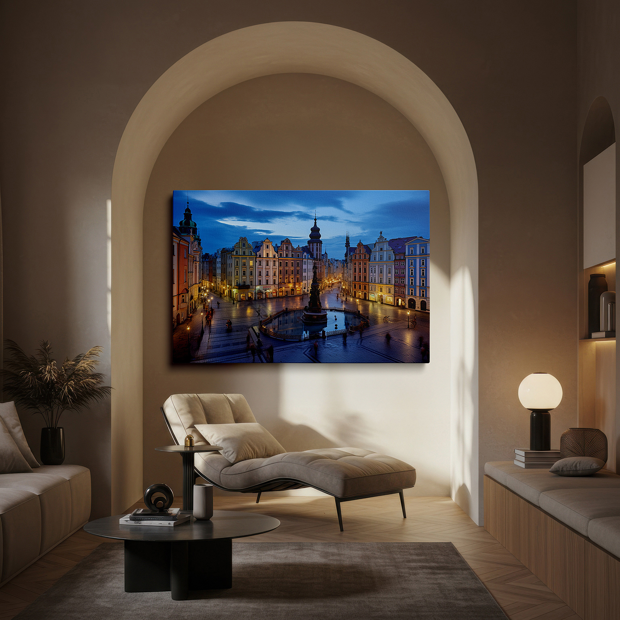 Featured in a dining room with dark wood furniture and candlelight — urban oasis at dusk: vibrant city square with sculpted fountain and majestic buildings - large wall art, canvas wall art, wall decor for office