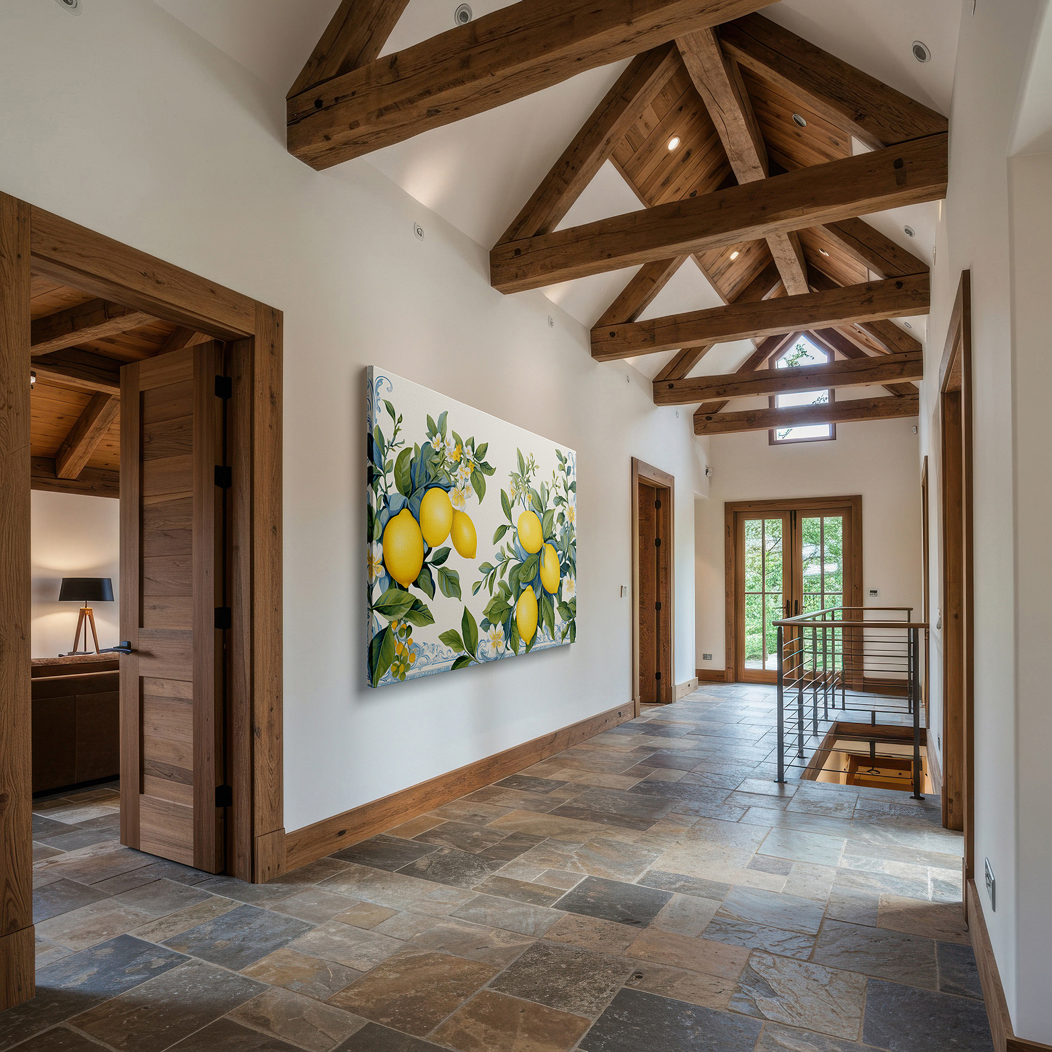 Featured in a dining room with dark wood furniture and candlelight — vibrant lemons and delicate florals: celebrating nature's bounty with lively large wall art, canvas decor for offices and homes